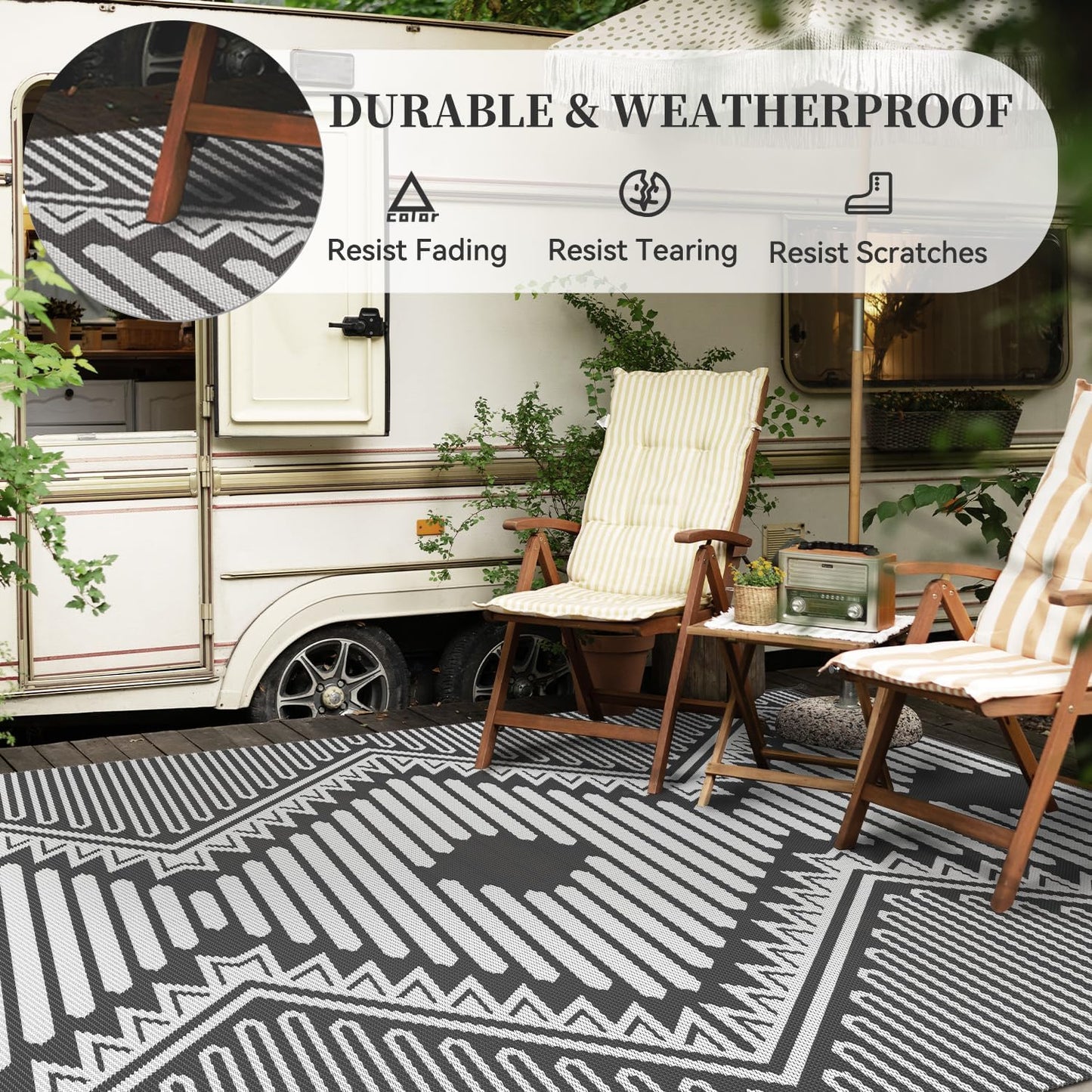 MontVoo Outdoor Rug-Waterproof Camping Rug Patio Rug Mat 6x9 Reversible Plastic Straw Outside Outdoor Rug for RV Camping Picnic Beach Balcony Backyard Pool Deck Porch Modern Boho Grey