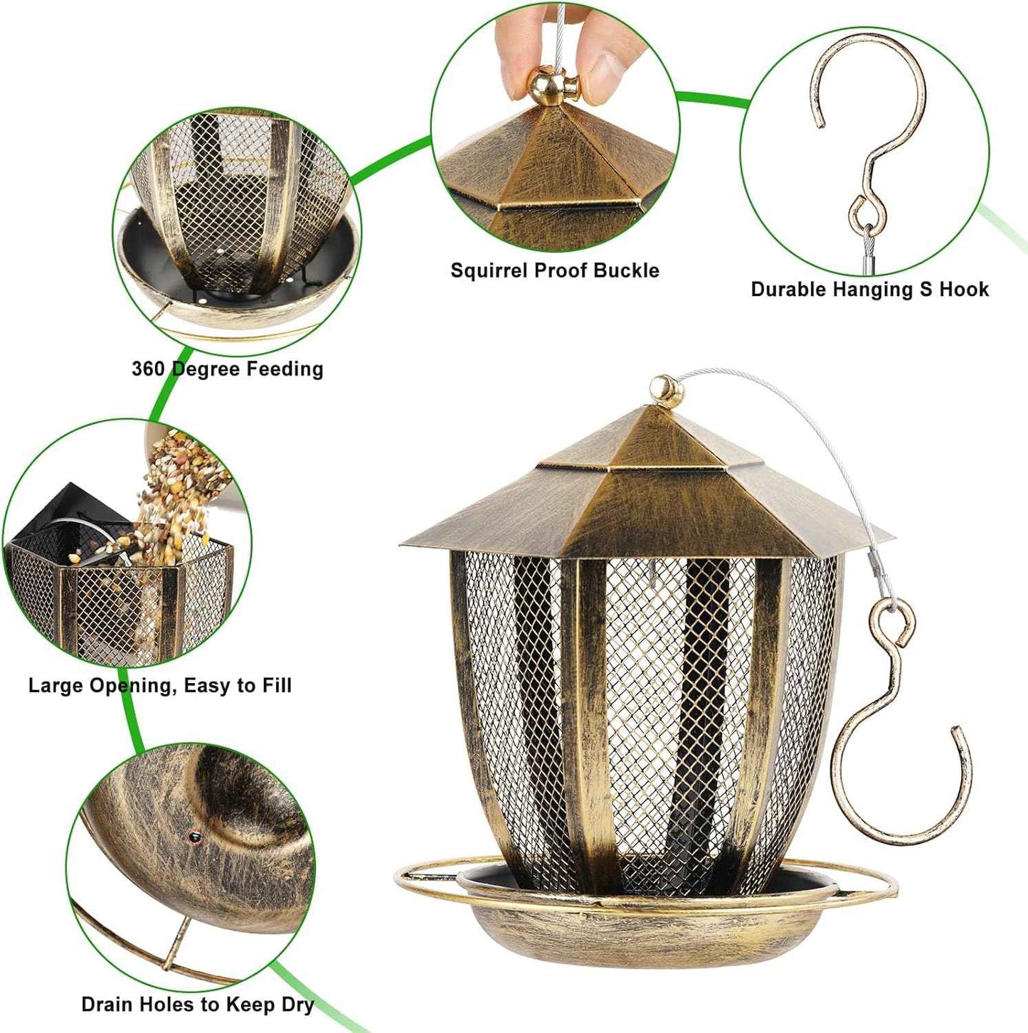 LBTING Bird Feeder for Outside, Hexagon Lantern-Shaped Metal Bird Feeder, Wild Bird Feeders for Hanging Outdoor Garden Yard