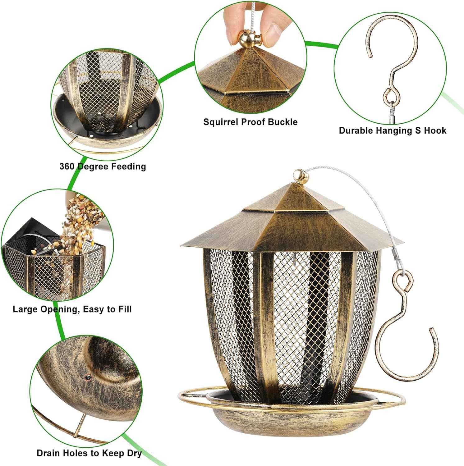 LBTING Bird Feeder for Outside, Hexagon Lantern-Shaped Metal Bird Feeder, Wild Bird Feeders for Hanging Outdoor Garden Yard