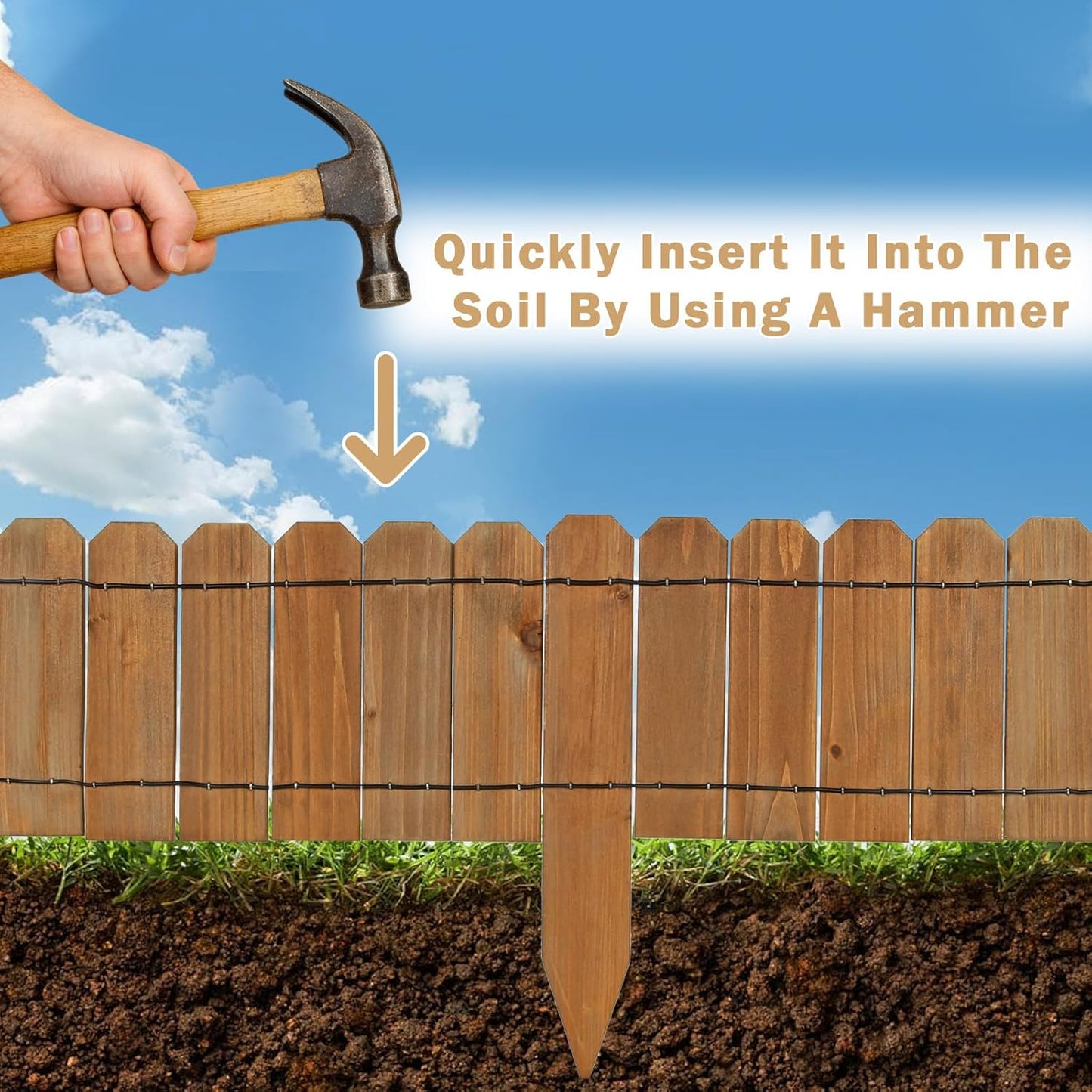 47" L x 8" H Wooden Garden Fence, 1 Pack Short Wood Garden Edging Border for Flower Bed Outdoor, Decorative Landscape Picket Fence for Tree, Flexible Yard Barrier for Lawn Path, Charred Brown