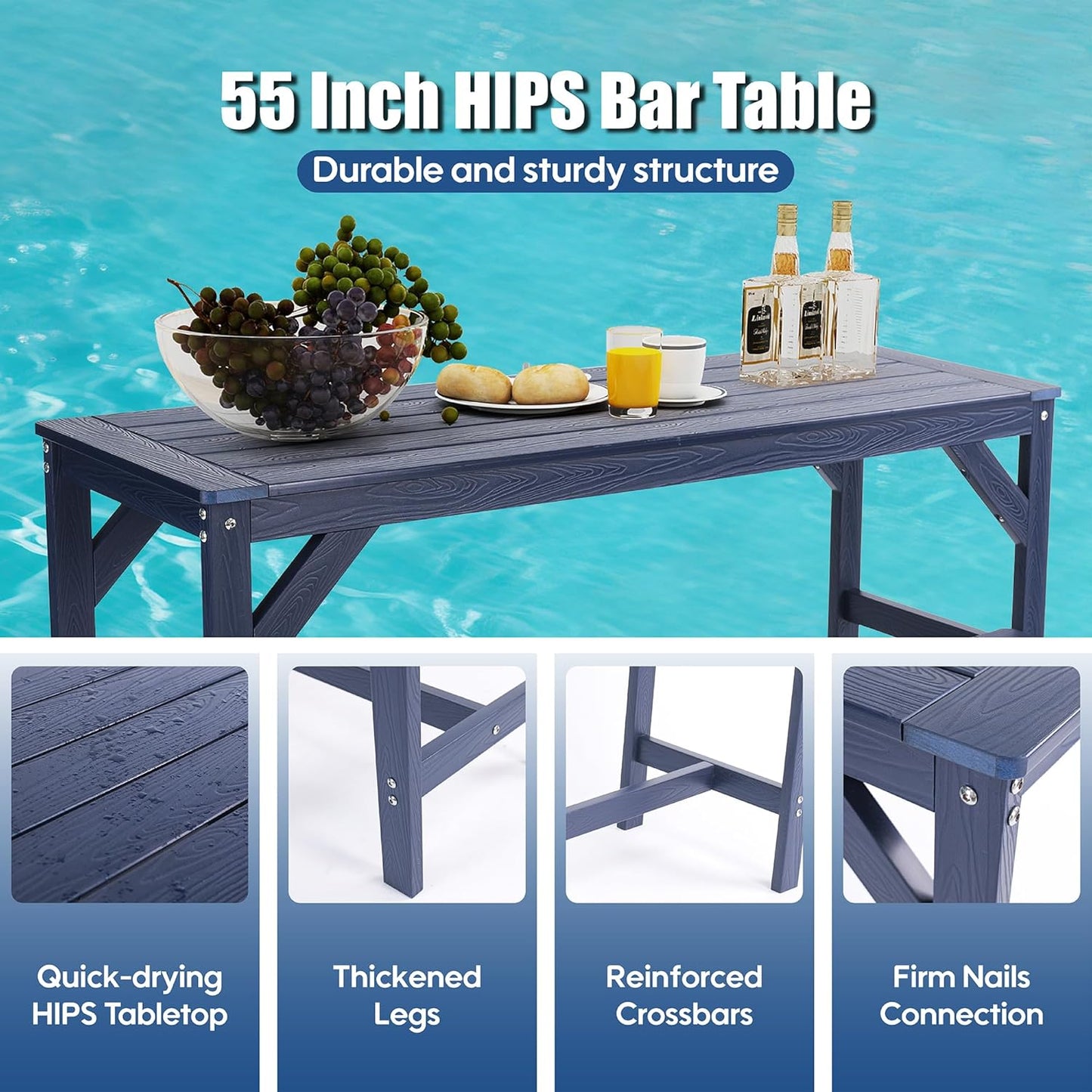 Outdoor Patio Bar Set,All Weather HIPS Table and Chairs Set,High Top Dining Table with 2 Bar Stools,Outside Rectangle Furniture for Balcony,Poolside,Backyard, Garden (Blue, 3 pcs)
