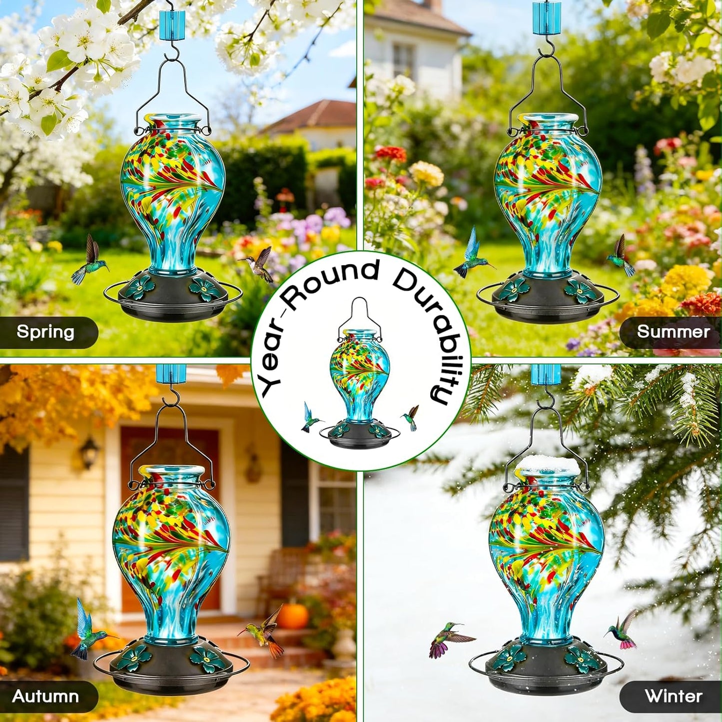 Hand Blown Glass Hummingbird Feeders for Outdoors Hanging, 24oz Wild Bird Nectar Feeder with Ant Moat and Perch, Bee-Resistant Ports, Garden Decor, Gifts for Women Mom, 1 Pack, Blue Phoenix