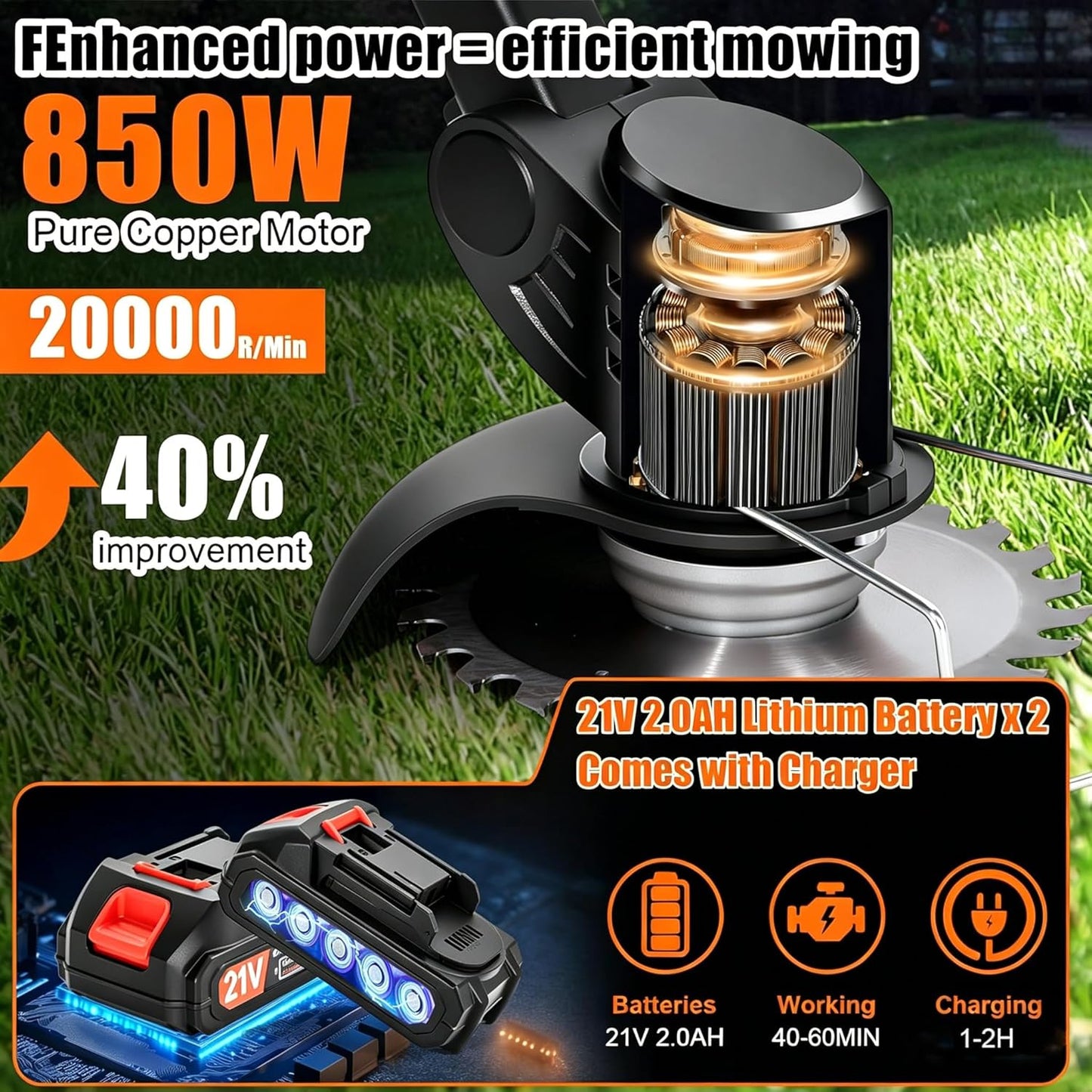 Stringless Weed Wacker Electric Weed Wacker Cordless with Wheels, 2pcs Batteries&4 Types Blades,Lightweight, 21V Weed Trimmer 3-in-1 Grass Trimmer/Brush Cutter/Edger, for Thick Weeds&Yard Garden
