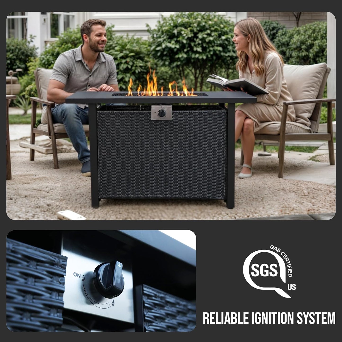 Propane Fire Pit Table – Rectangle 43 Inch Outdoor Firepit for Patio, Balcony, and Garden – Versatile Gas Fire Pit with Lava Rock & Table Lid