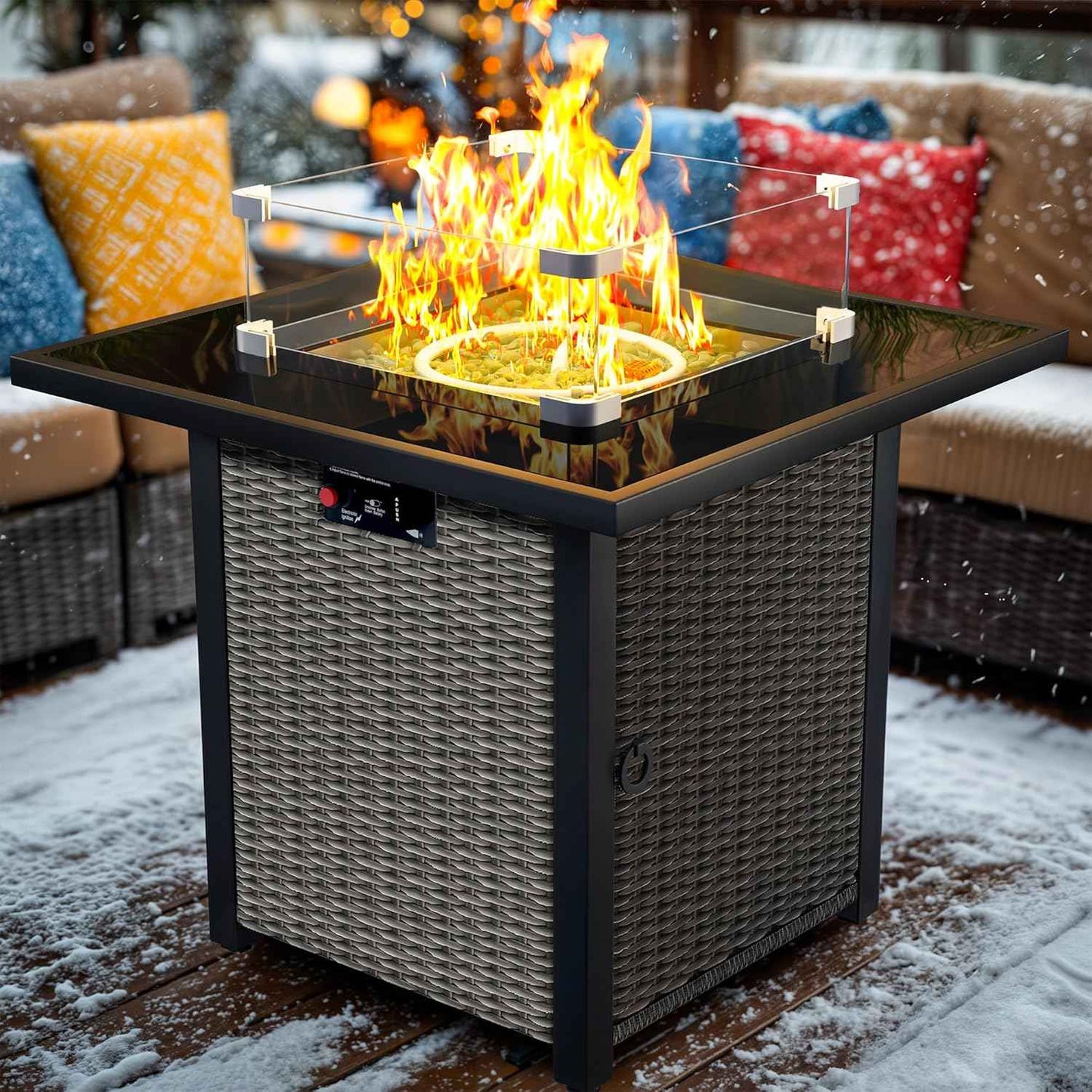 Propane Fire Pit Table, Outdoor Fire Pit Table, 28" Rattan Square Outdoor Gas FirePit with Glass Wind Guard, Tempered Glass Tabletop, Lid, CSA Listed, 50,000 BTU, Outside Patio Deck & Garden, Black