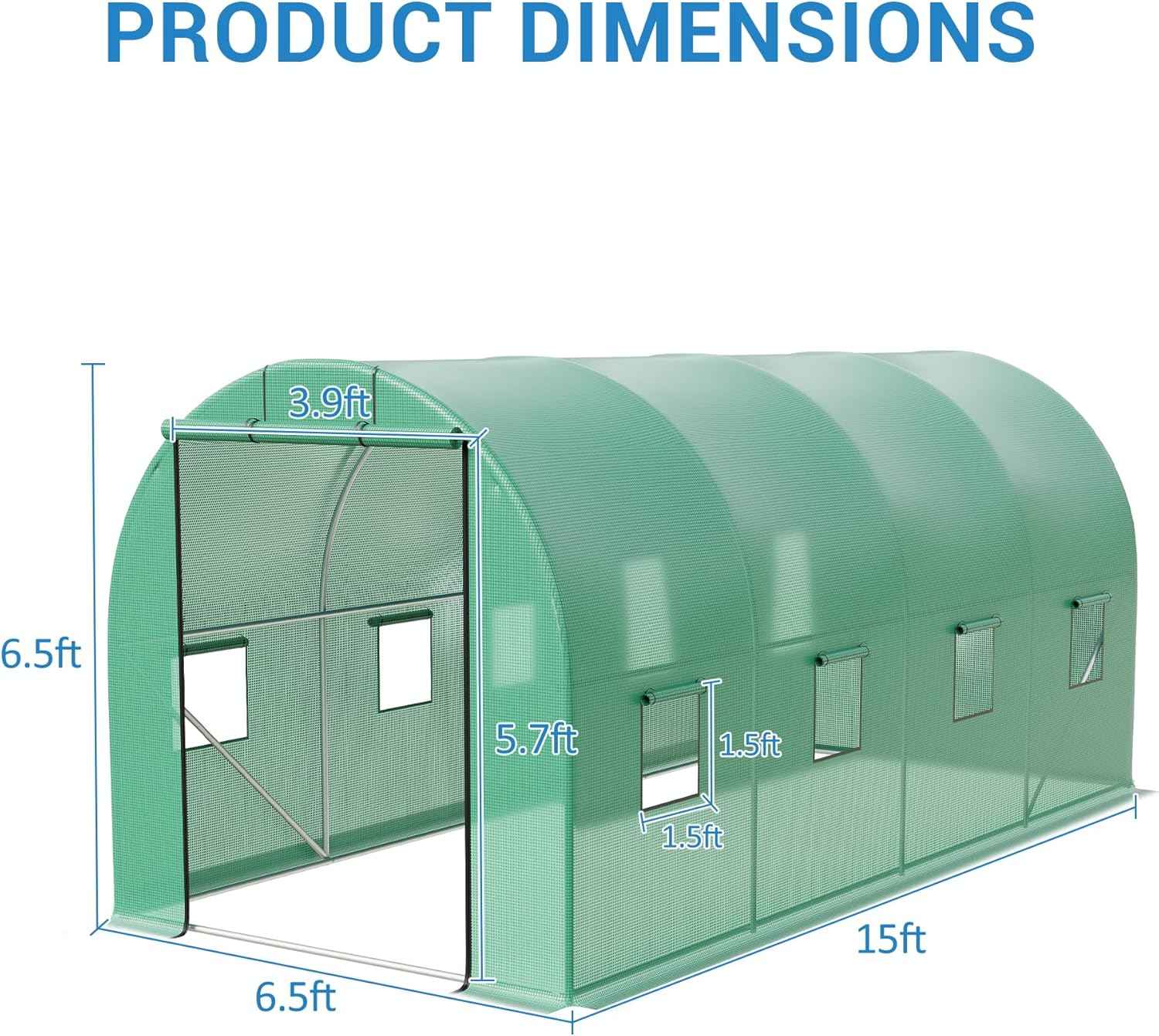 15x7x7 ft Walk-in Greenhouse for Outside - Heavy Duty Galvanized Steel Hoop House with PE Cover, 8 Windows & Roll-Up Door - Outdoor Plant Tunnel for Gardening, Vegetables & Year-Round Growing