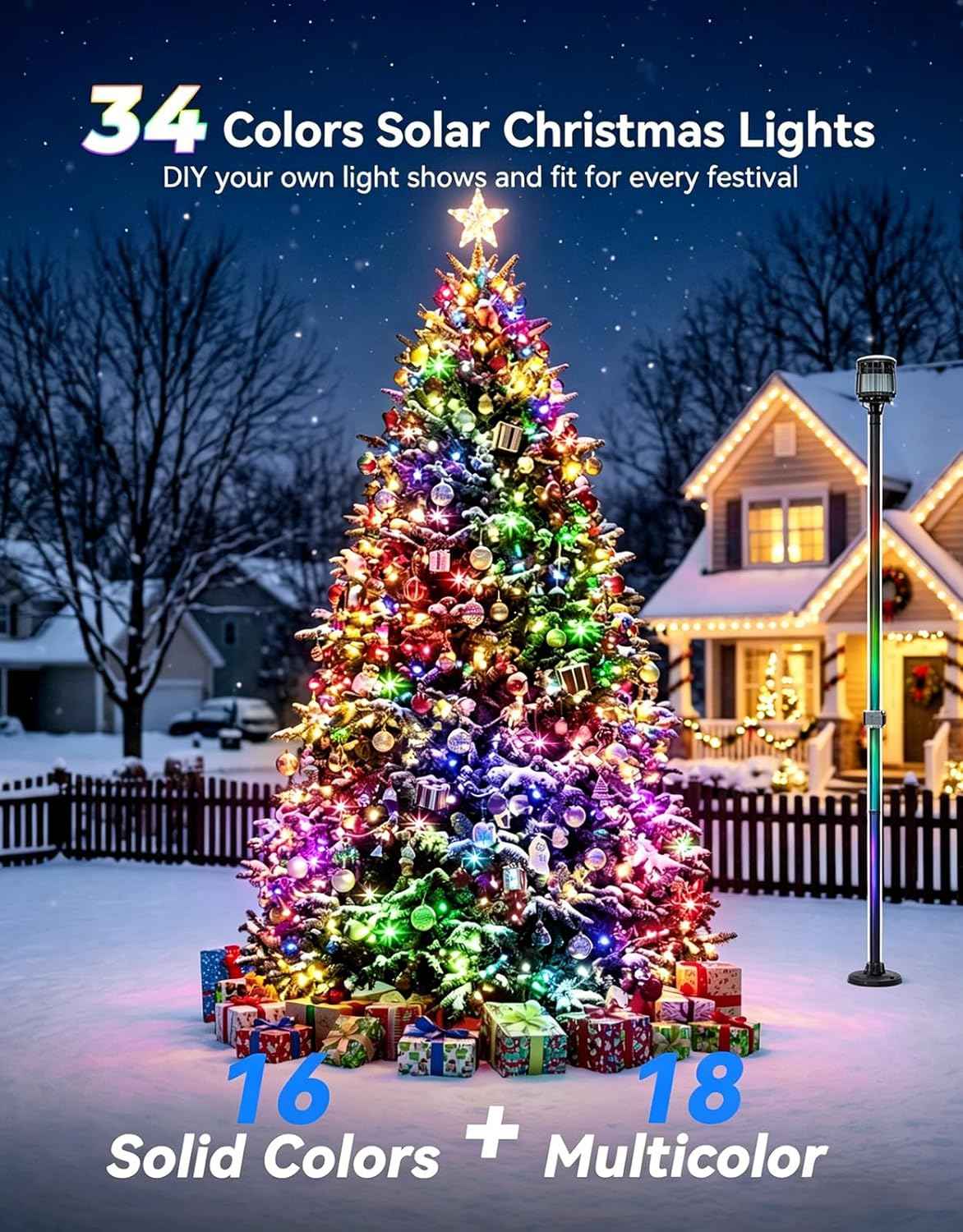 LitHome 34 Colors Solar String Lights Outdoor with Remote, 33FT 100 LED Solar & USB Powered Christmas String Lights, Waterproof Color Changing Light for Garden Patio Yard Tree Fence Decor
