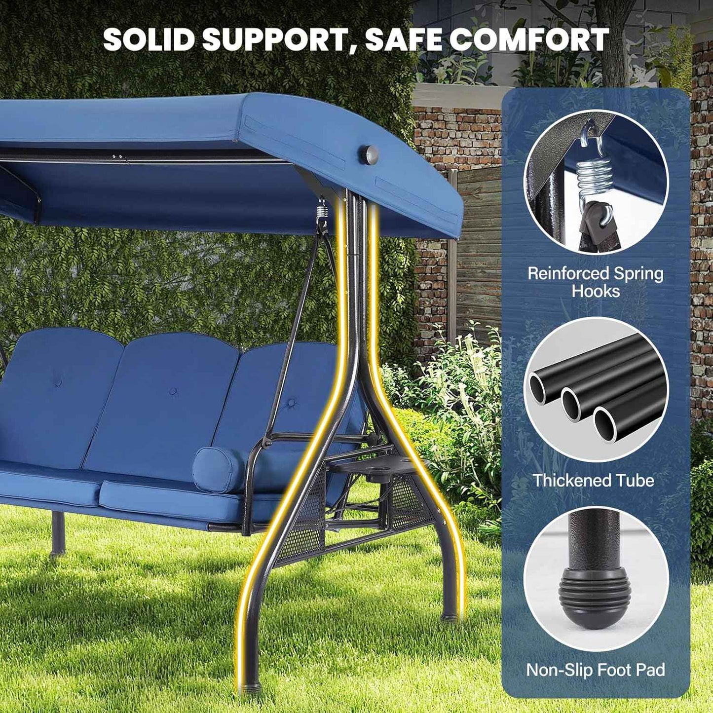 3 Seat Outdoor Porch Swing with Adjustable Canopy,2 in 1 Patio Swing Bed with Stand 800lbs for Adults,Outdoor Swing with Removable Cushion, Cup Holder ＆ Pillow for Backyard, Porch, Garden