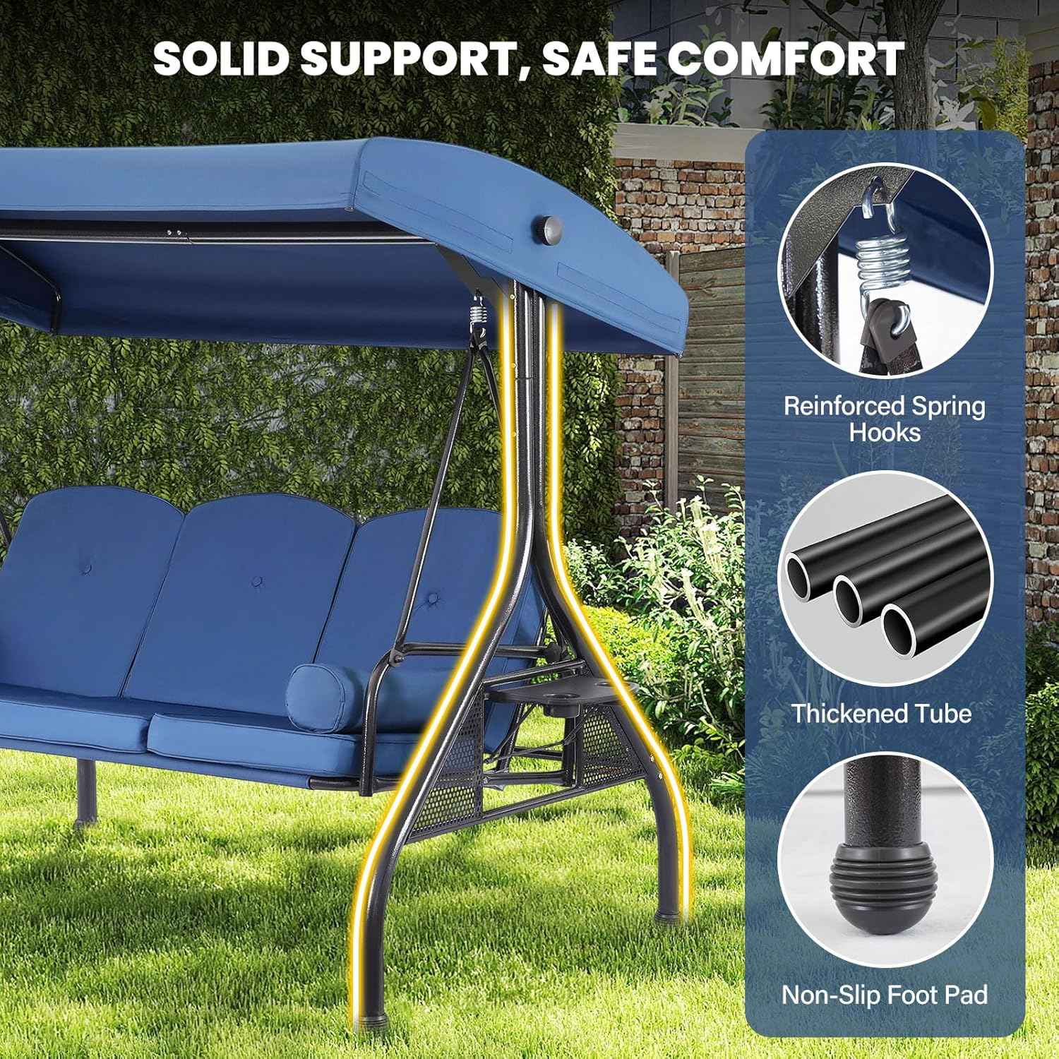3 Seat Outdoor Porch Swing with Adjustable Canopy,2 in 1 Patio Swing Bed with Stand 800lbs for Adults,Outdoor Swing with Removable Cushion, Cup Holder ＆ Pillow for Backyard, Porch, Garden