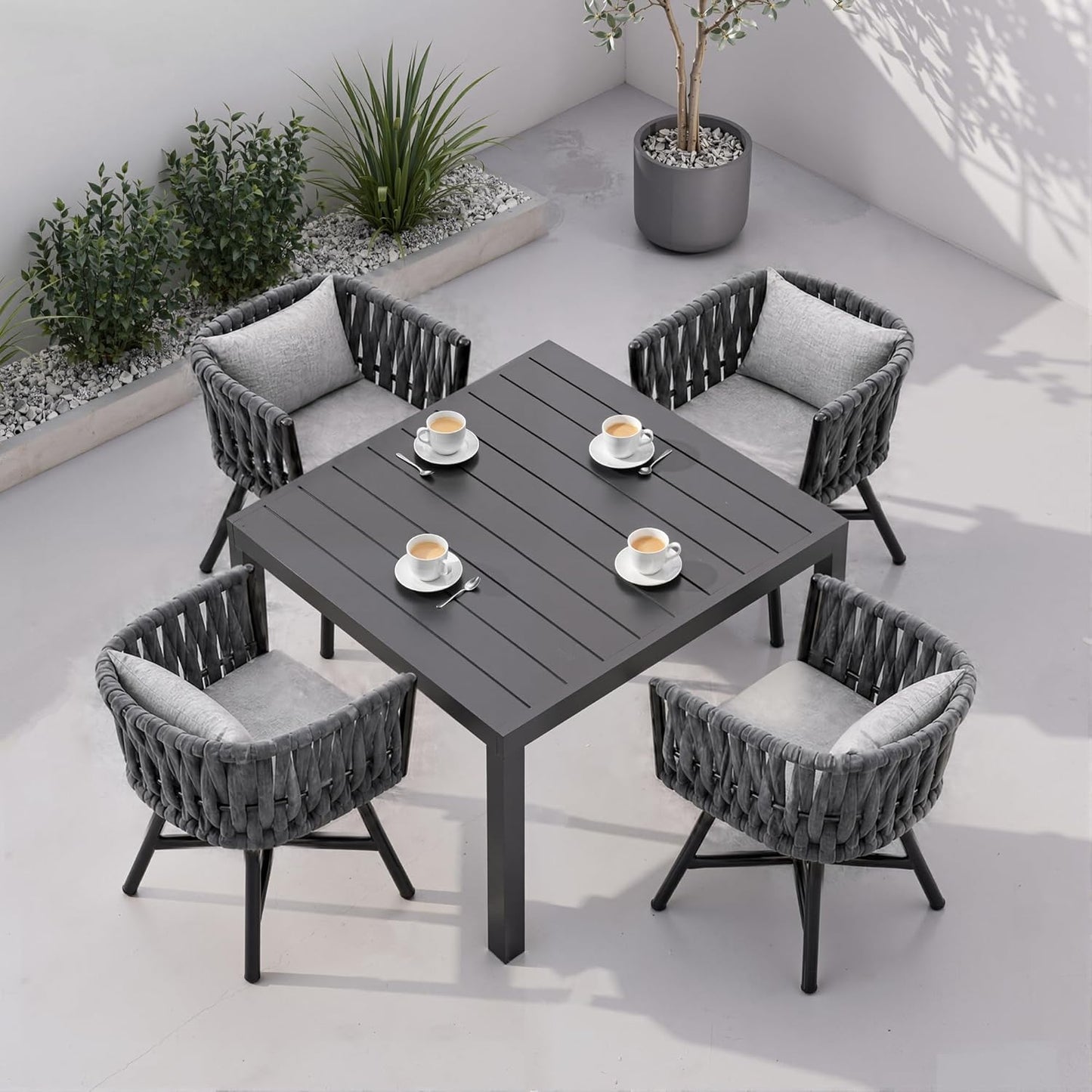Grand patio 5-Piece Outdoor Dining Set for 4, Patio Dining Furniture Set for 4 Swivel Rope Wicker Chairs & 1 Expandable Rectangular Dining Table, Dark Gray