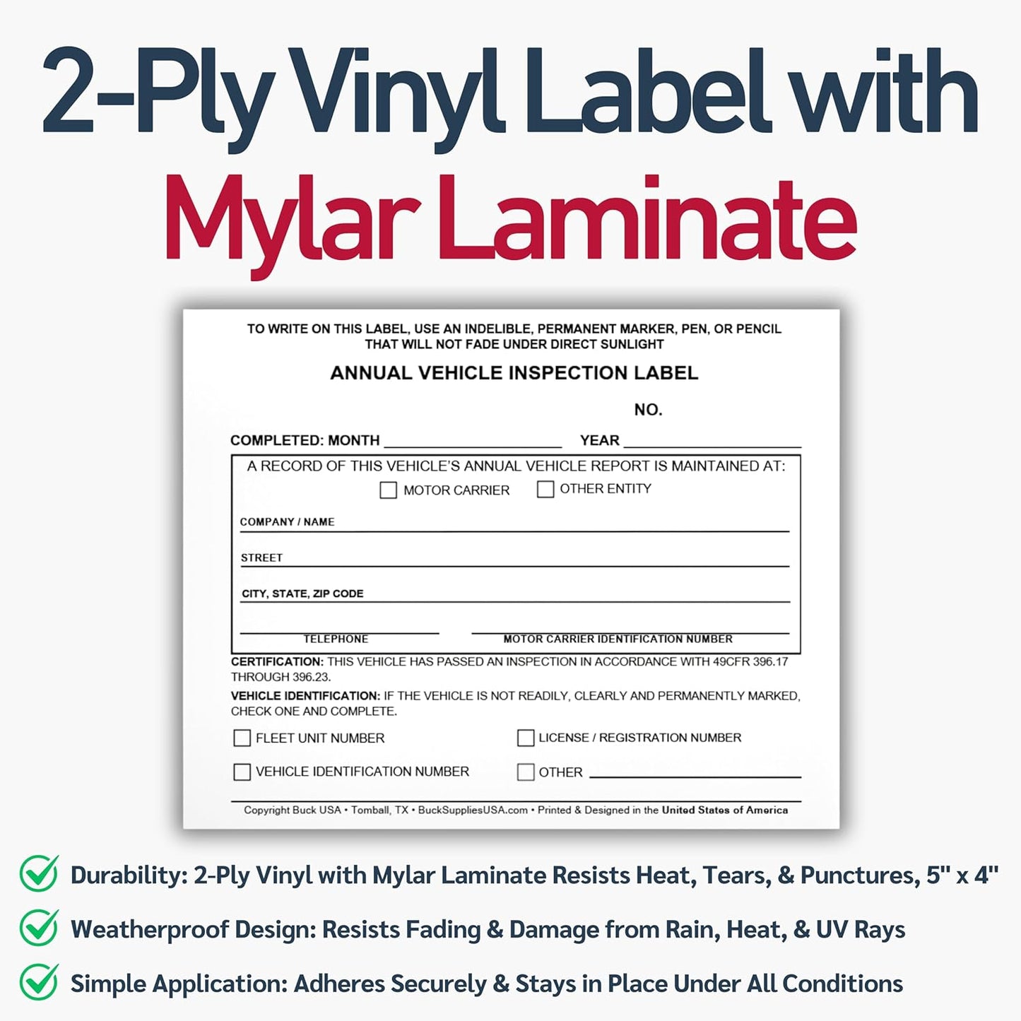 25 Pack Buck Annual Vehicle Inspection Label, 2-Ply Adhesive Vinyl with Mylar Laminate, FMCSA & DOT Compliant, Weatherproof, Tear Resistant, Easy to Write On, 5" x 4" - Made in USA