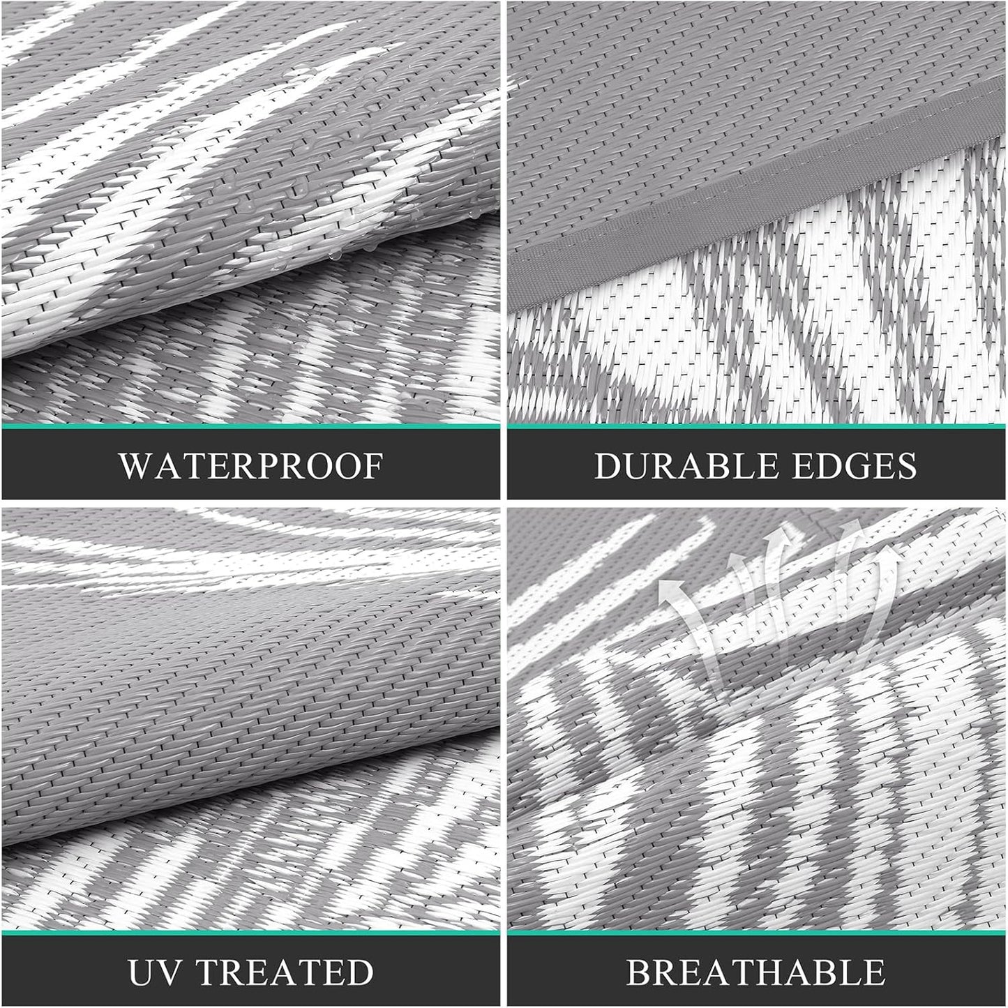 Pauwer Outdoor Rug, 6'x9', Leaf Grey, Reversible, Waterproof, Polypropylene, Lightweight, RV Mat, Patio Decor