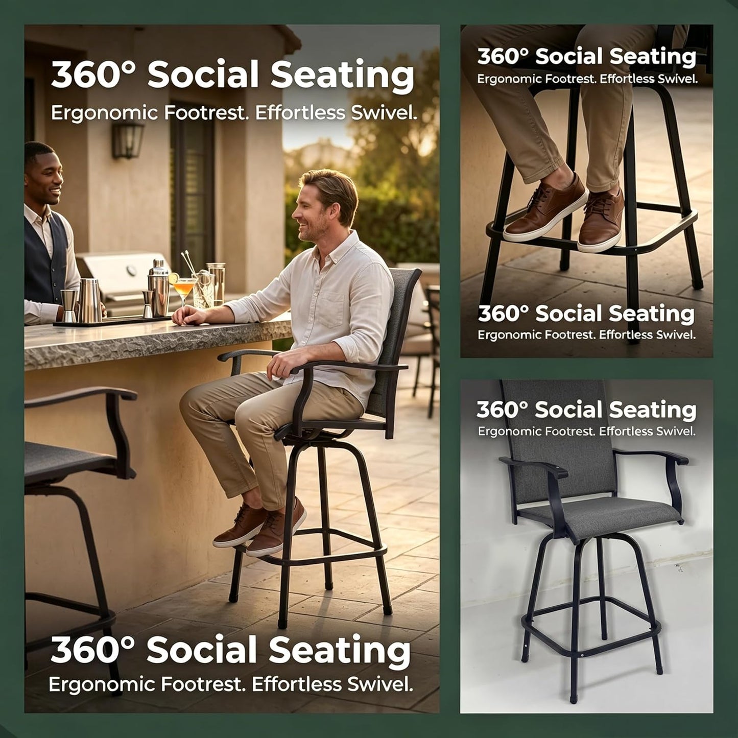 Oakcloud 4-Piece Patio Swivel Bar Stools, All-Weather Padded Textilene High Top Chairs, Swivel Outdoor Bar Height Furniture, Adjustable Feet for Lawn, Garden, Poolside (Grey)