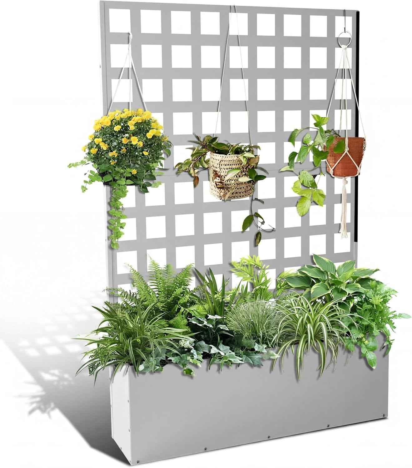 Metal Planter Box with Trellis, Outdoor Galvanized Raised Garden Bed with Privacy Screen & Drainage Holes & Lockable Casters for Climbing Plants, Vegetable