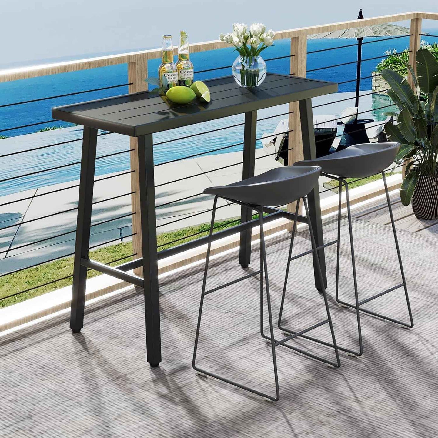 COSTWAY 36" Outdoor Bar Table, Rectangular High Pub Table with Adjustable Foot Pads, Patio Counter Height Dining Table for Balcony, Backyard, Indoor, Black