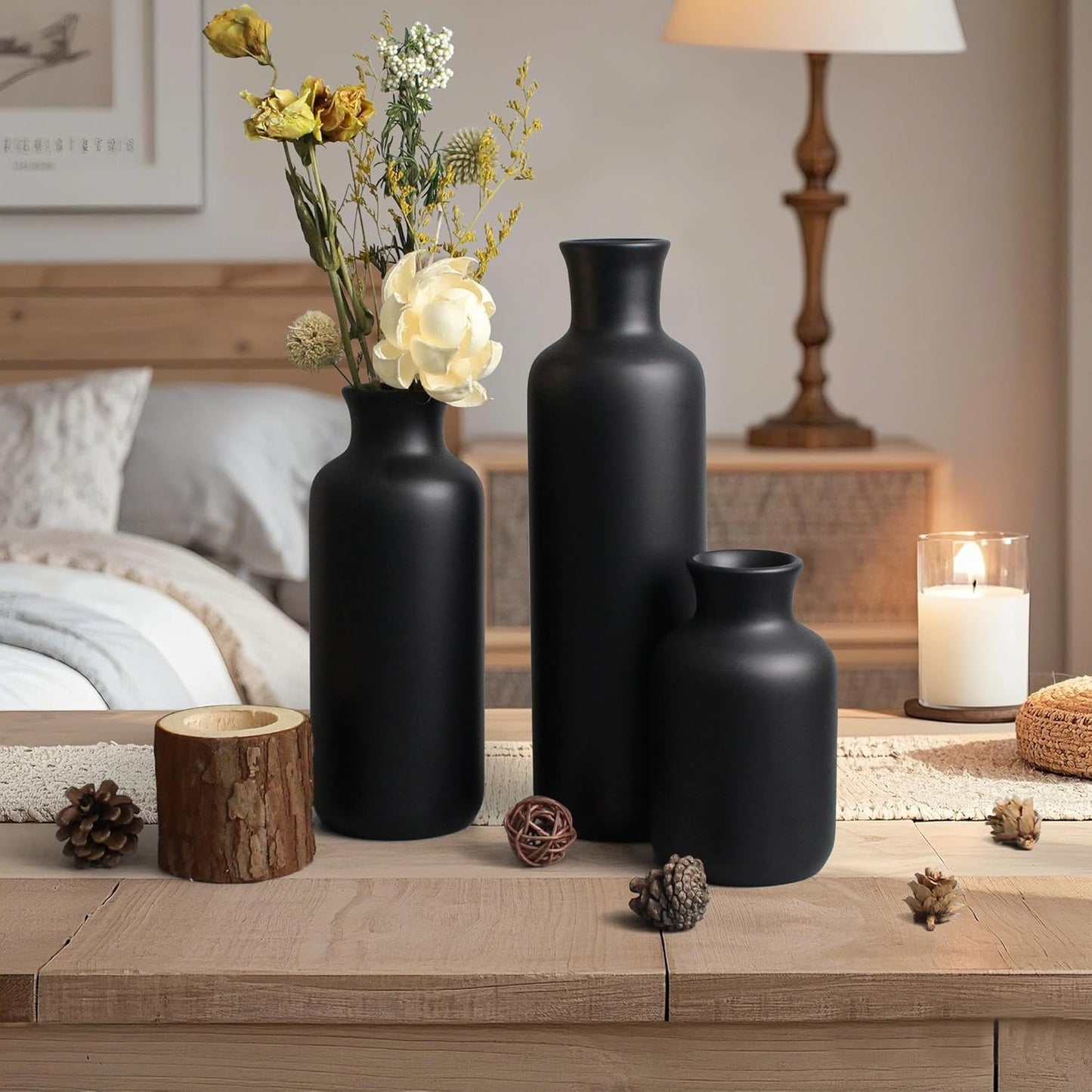Resin 3 Piece Vase Set, Farmhouse Decor, Home Decorative Vase, Vases for Your Kitchen, Bedroom, Office, Living Room, Bathroom, & Shelf Centerpiece Table Decorations, Black