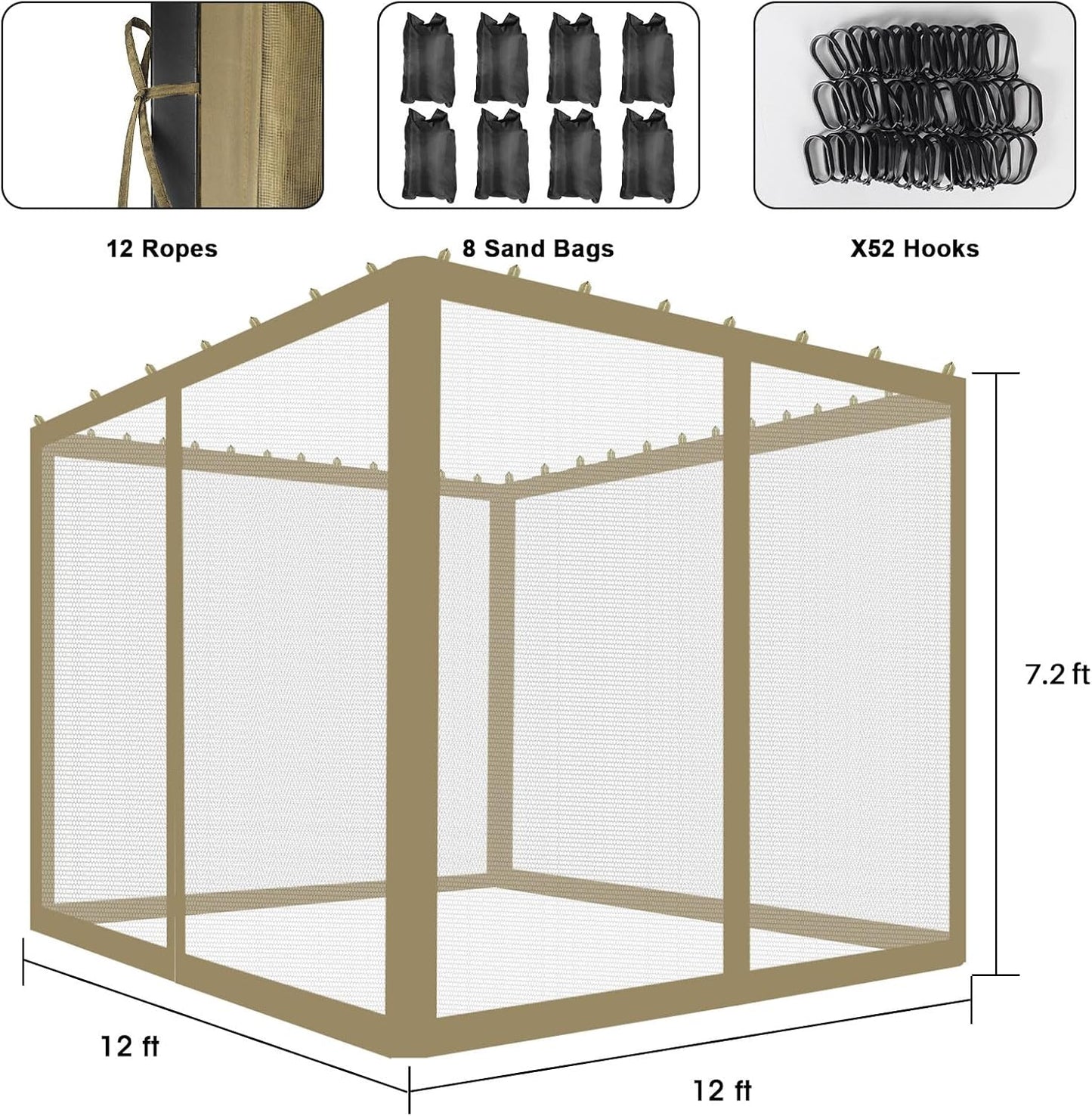ShowyLive 12x12 Patio Umbrella Mosquito Netting with Zipper 4 Doors & 8 Weight Bag - Adjustable Polyester Mesh Bug Screen for Outdoor Umbrellas, Garden, Patio Tables (Green)