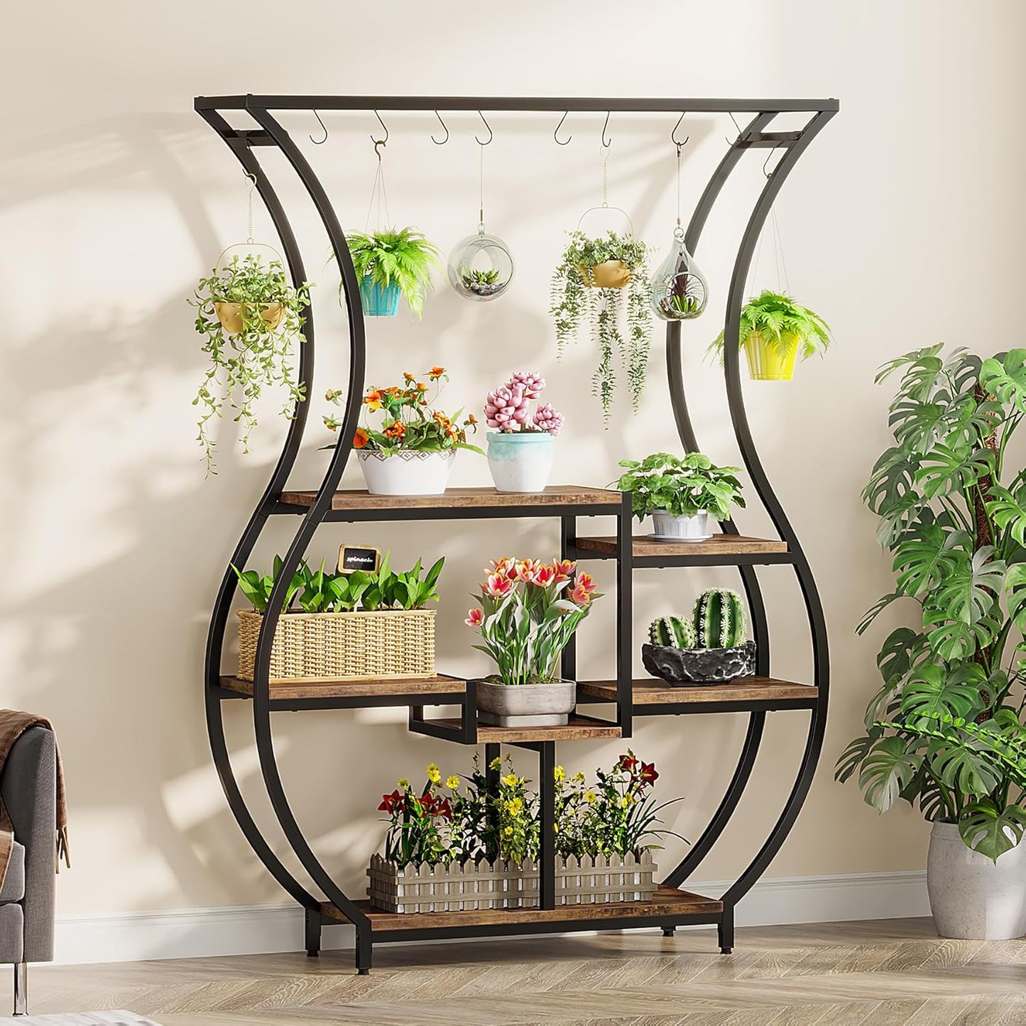 Tribesigns 6-Tier Plant Stand, 70.9 Inch Tall Plant Shelf with 10 Hanging Hooks, Vase Shape Ladder Plant Stand, Multi-Purpose Plant Display Rack for Indoor, Balcony, Living Room, Brown and Black