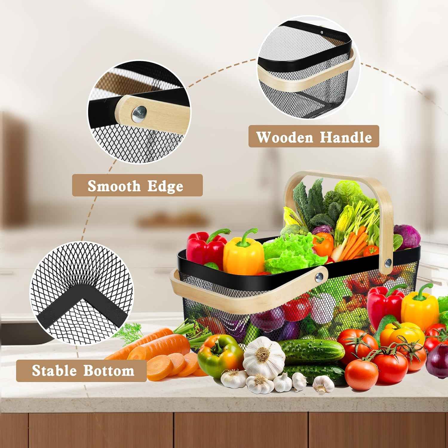2 Pack Garden Harvest Basket, Metal Mesh Wire Picnic Basket with Handle, Rectangle Garden Baskets for Gathering Vegetables, Fruits, Kitchen, Home Cabinet Closet and Office(Black)