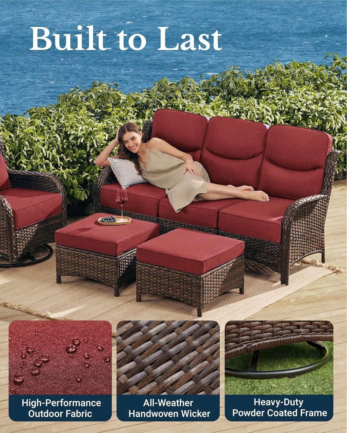 HILLGA Luxury Patio Furniture Set with 6-inch Thick Cushion, Outdoor Couch, Loveseat and High Back Swivel Rocker Patio Chairs, 7PCS Wicker Conversation Set for Deck Yard and Poolside, Burgundy (V2)