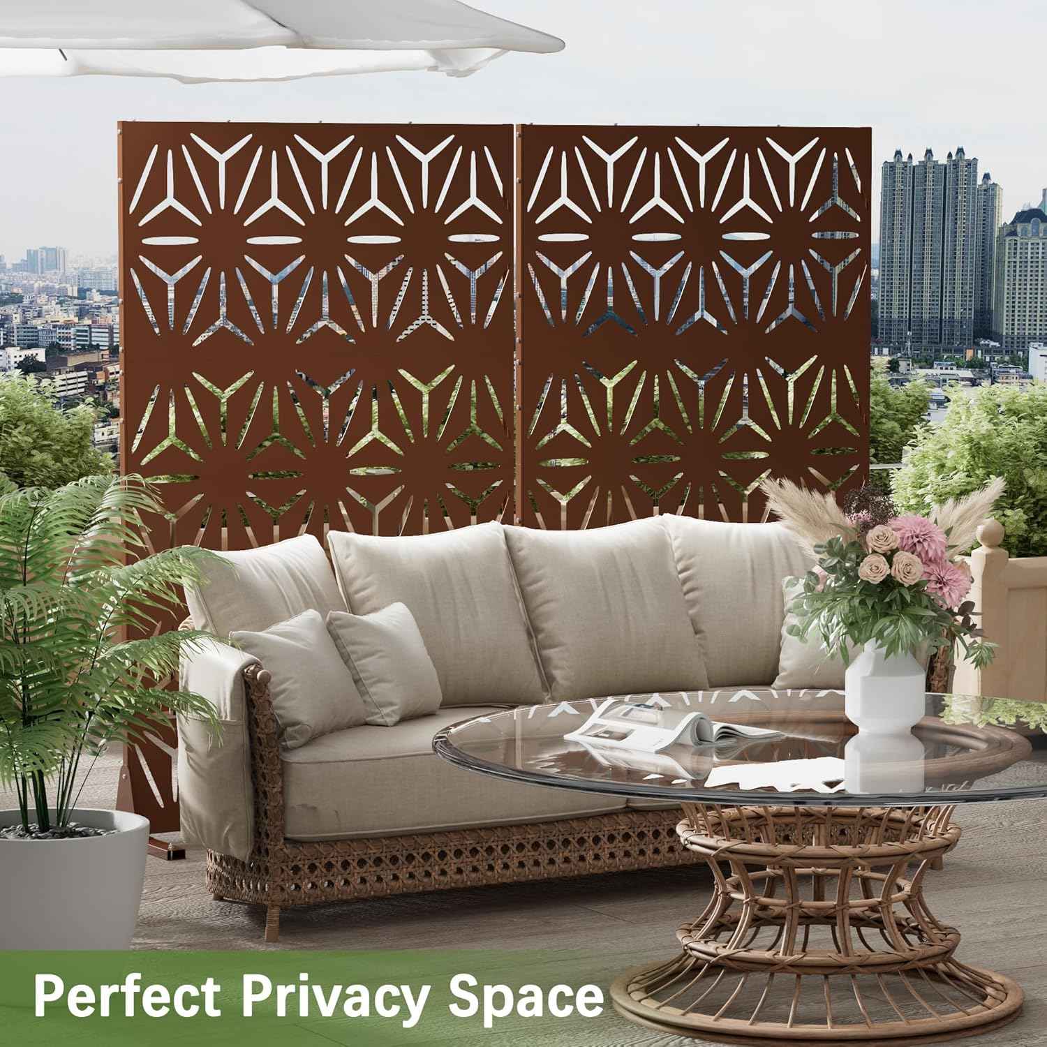 Cofar Metal Privacy Screen Outdoor 72" H×44" W -Brown Freestanding Outdoor Privacy Panels with Stand, Decorative Fence for Patio, Deck, Balcony（Floral）