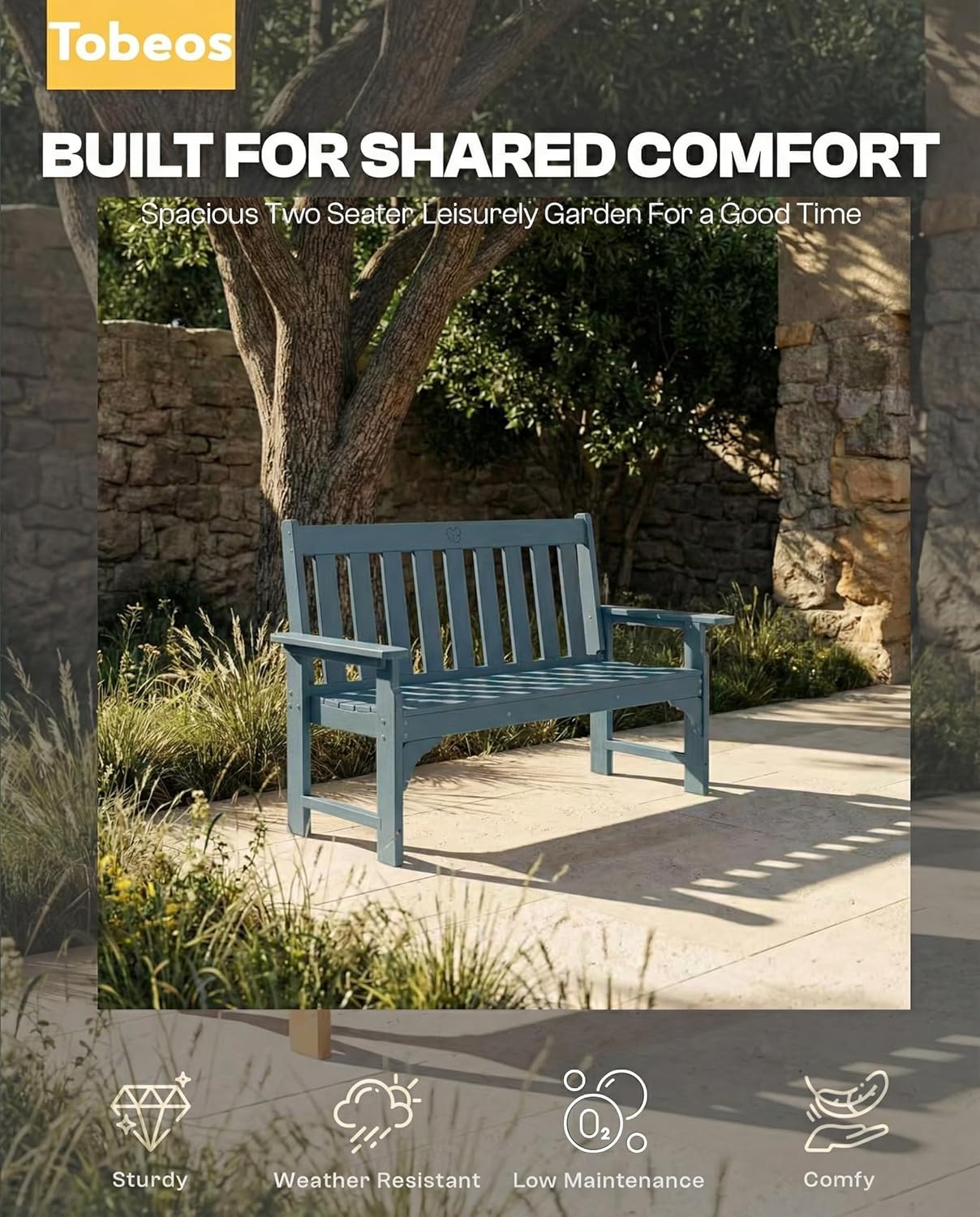 2-Person Outdoor Garden Bench, HDPE All-Weather Patio Bench with Backrest & Armrests, Heavy Duty Outdoor Seating for Porch, Backyard & Park, 660 lbs (Navy Blue, 1 Bench)
