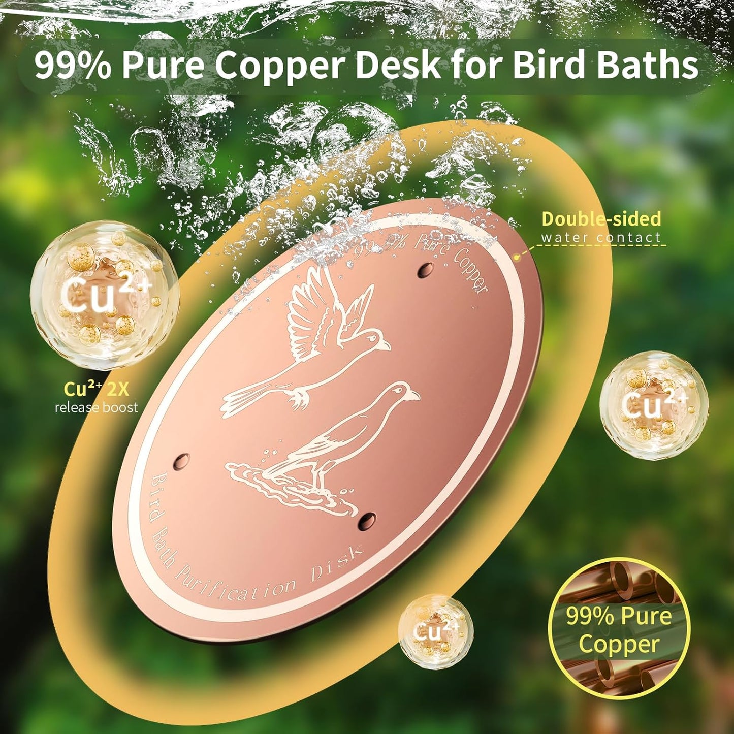 Bird Bath Copper Disk, 99.99% Pure Copper Bird Bath Cleaner, Triple-Point Support, All-Season Water Cleaber for Outdoor Bird Baths & Bowls (1 Pcs)