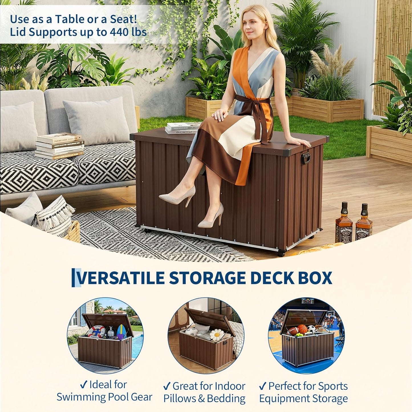 160 Gallon Deck Box Outdoor Storage, Metal Patio Storage Box with Lockable Lid, Hydraulic Rod, Wheels & Side Handles, Waterproof UV-Resistant, Brown, 53.1" x 27.8" x 29.9"