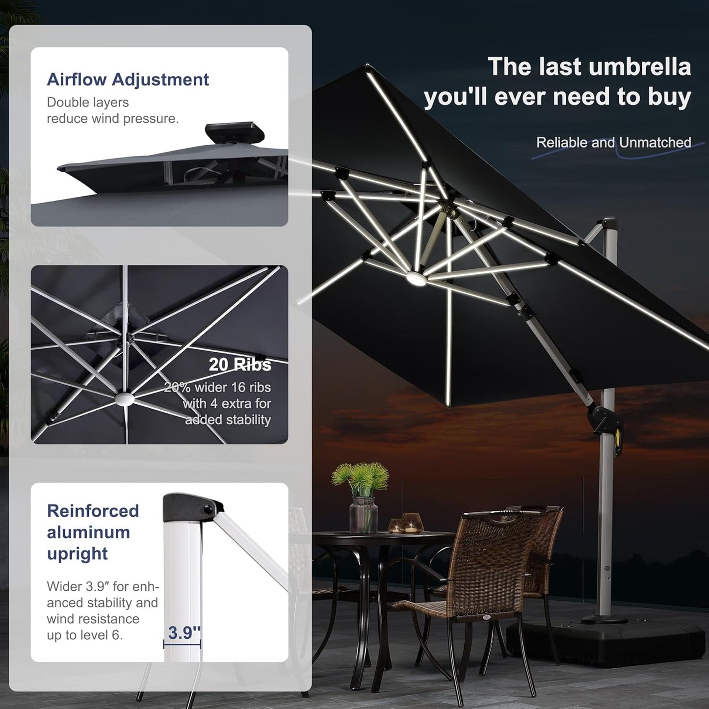 PURPLE LEAF 9 Feet Double Top Deluxe Solar Powered LED Square Patio Umbrella Offset Hanging Umbrella Outdoor Market Umbrella Garden Umbrella, Grey