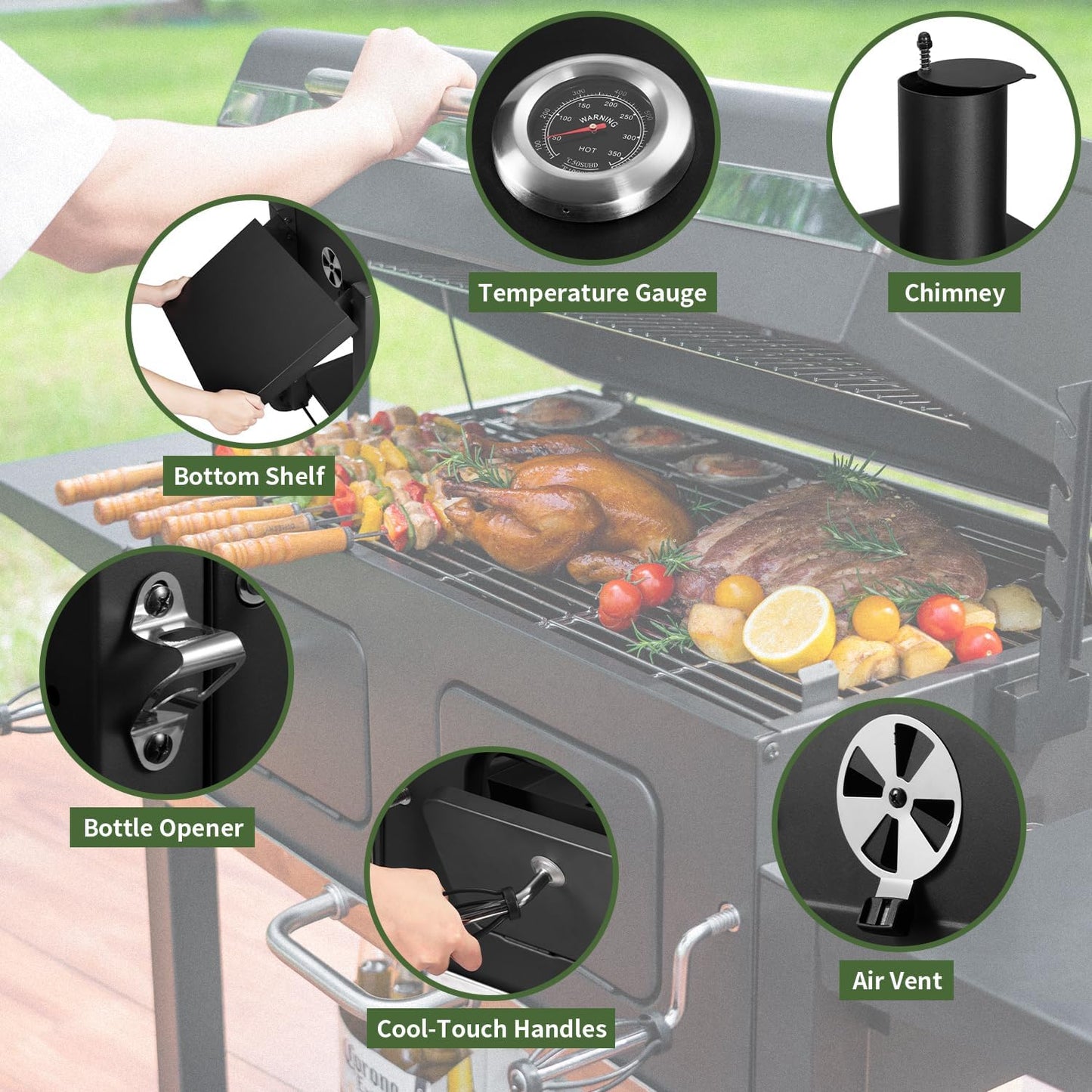 Kenadne Charcoal Grill Outdoor BBQ Grill, Extra Large Cooking Area 794 Square Inches with Two Individual & Adjustable Charcoal Tray, Foldable Side Tables for Outdoor Cooking grill Backyard