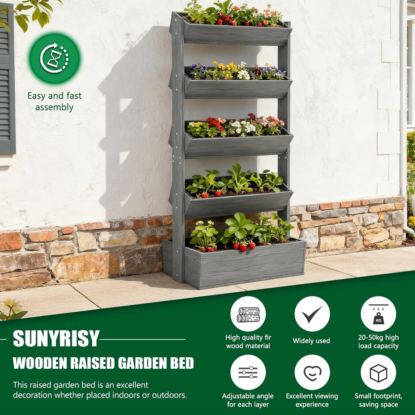 SUNYRISY 5 Tiers Vertical Raised Garden Bed Outdoor Planter Tower, Wooden Freestanding Planter Box for Planting Herbs Flowers Vegetables Patio Balcony Indoor Outdoor Gardening, Grey