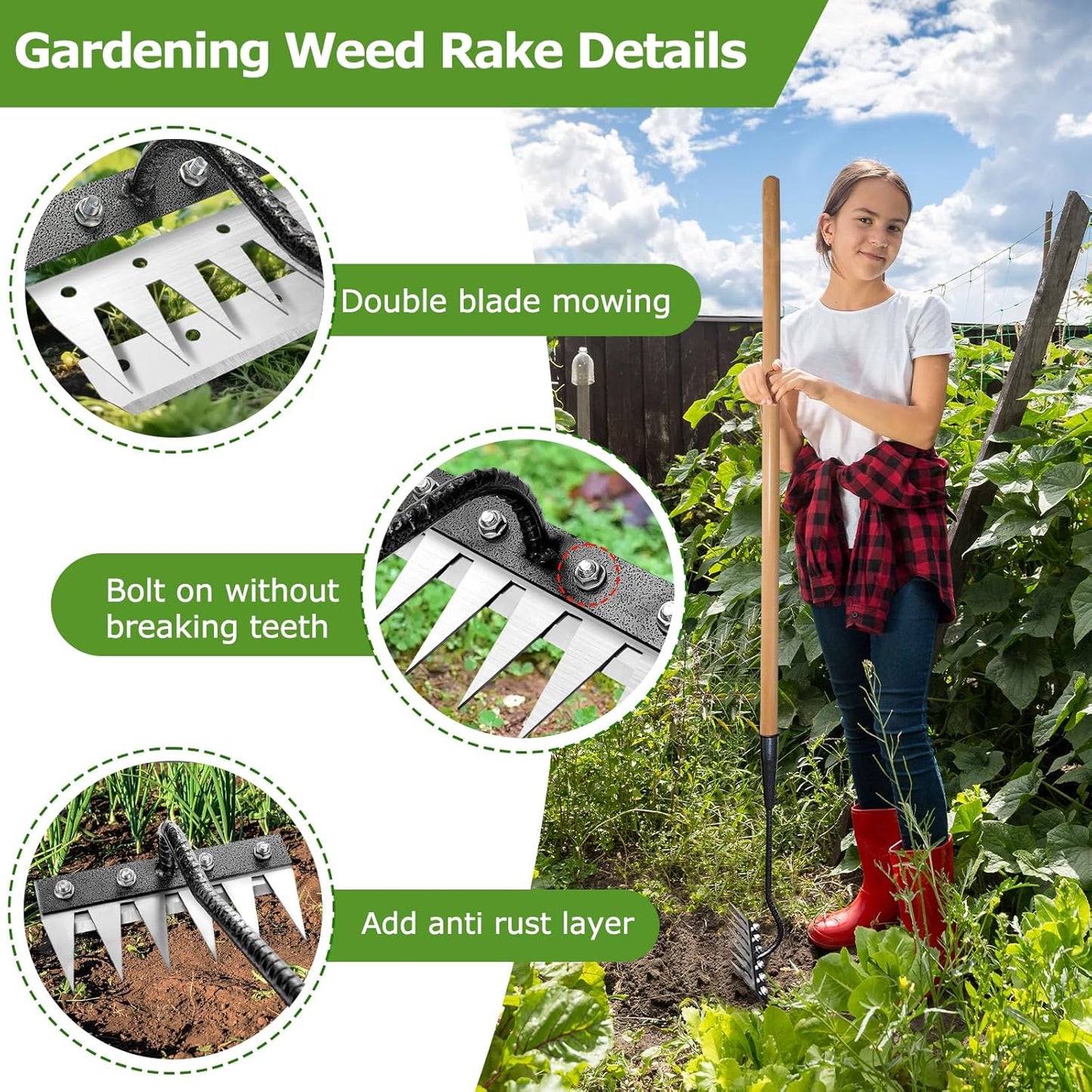 Gardenia Iron Weeding Rake, 2.0 Iron Weeding Rake with Long Handle, 6 Teeth Heavy Duty Weed Puller Tools for Gardening, Weedings ,Lawn