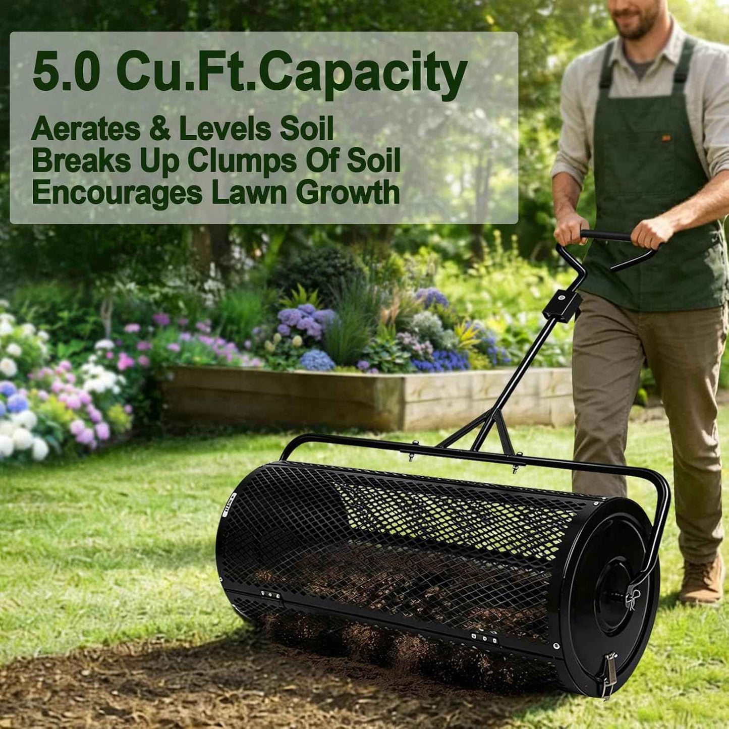 Compost Spreader 44 Inch Push/Tow Peat Moss Spreader with Installation Support, Powder-Coated Metal Mesh Roller Spreader for Manure , Lawn Care, Garden Spreading, Top Dressing & Mulch - Soil Spreader