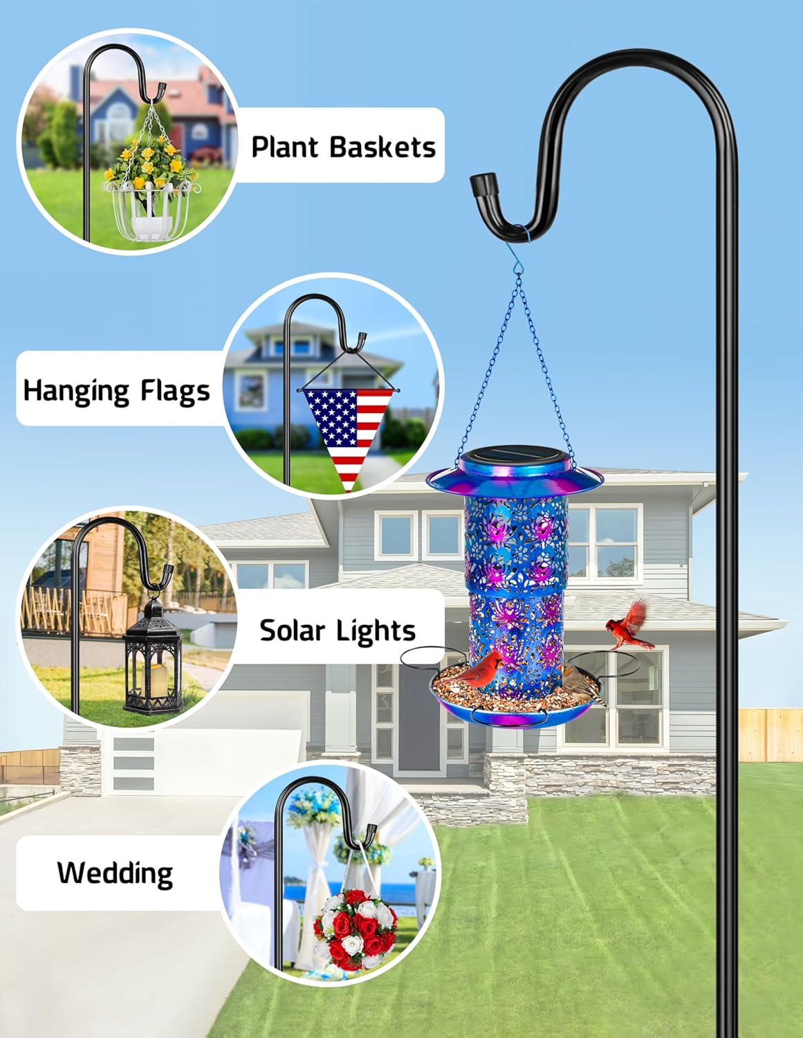 XDW-GIFTS Bird Feeder Pole for Outdoor, 4-Pack 45 Inch Shepherds Hooks Heavy Duty Garden Pole for Hanging Plant Basket, Solar Light Lanterns, Garden Plant Hanger Stands with 5 Base Prongs