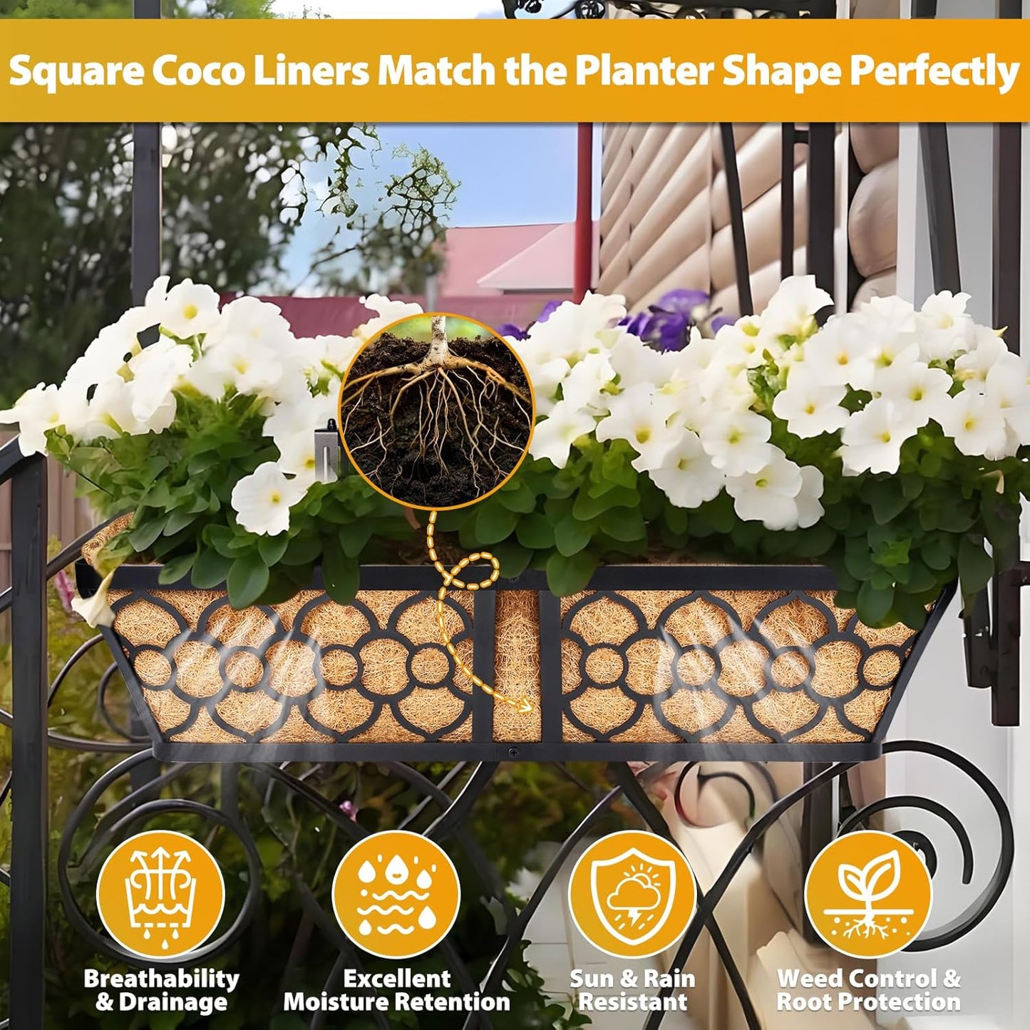 Legigo 2 Pack 24 Inch Square Coco Liners Planter Baskets Liner- Natural Coconut Coir Fiber Liner Replacement, Window Box Liners Trough Coconut Liners for Wall Planter Garden Deck Fence Flower Baskets