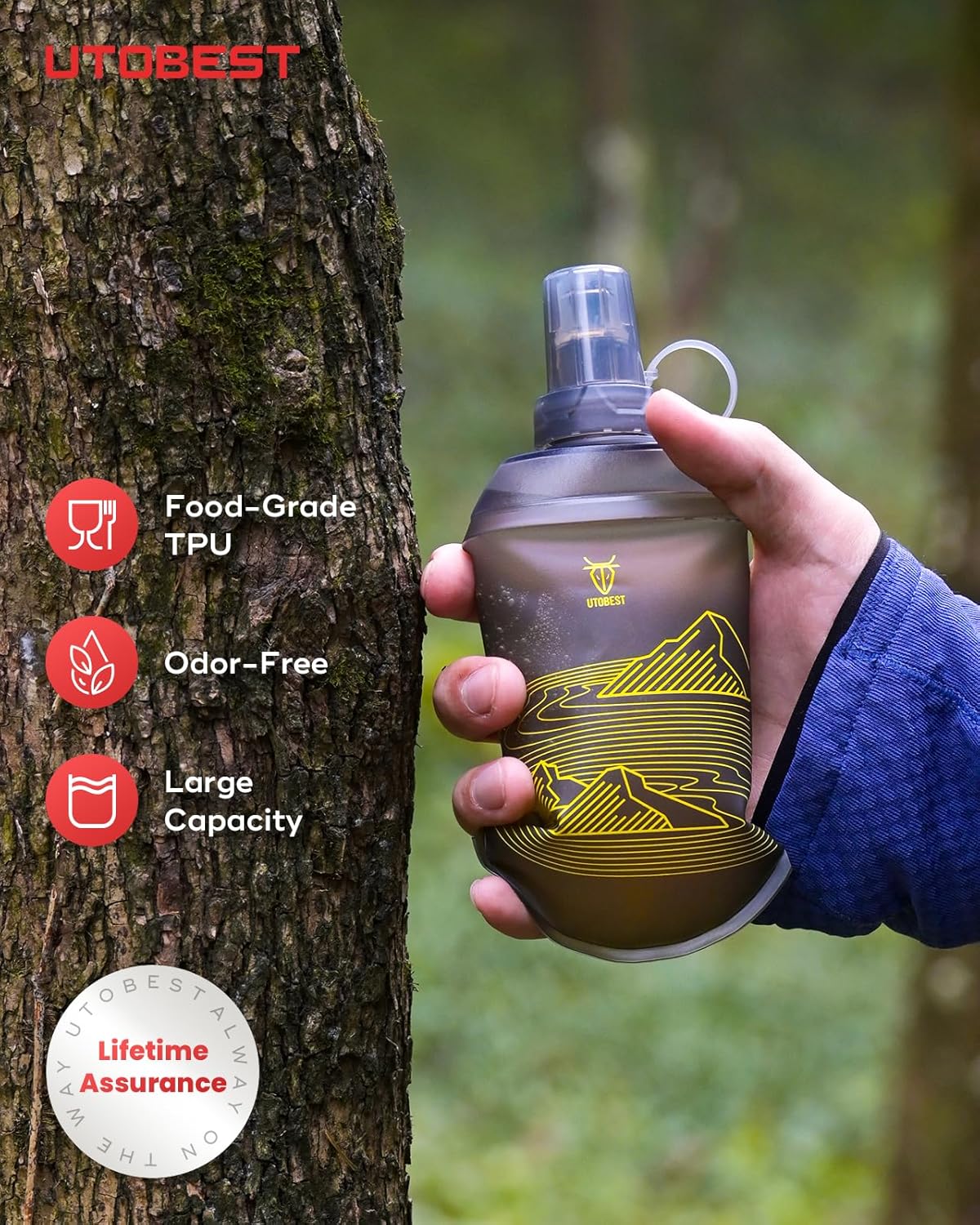 UTOBEST 200ml Soft Flask, 2 Pack Flexible TPU Hydration Water Bottle, Collapsible with 28mm Caliber for Running, Hiking, Cycling, Climbing, and Marathon Yellow