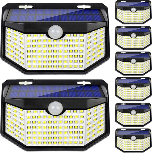 HMCITY 120 LED Outdoor Solar Lights with Motion Sensor and 3 Lighting Modes, IP65 Waterproof Wide Solar Wall Lights Ideal for Garden Patio Yard (Front Button 8Packs, Daylight White)