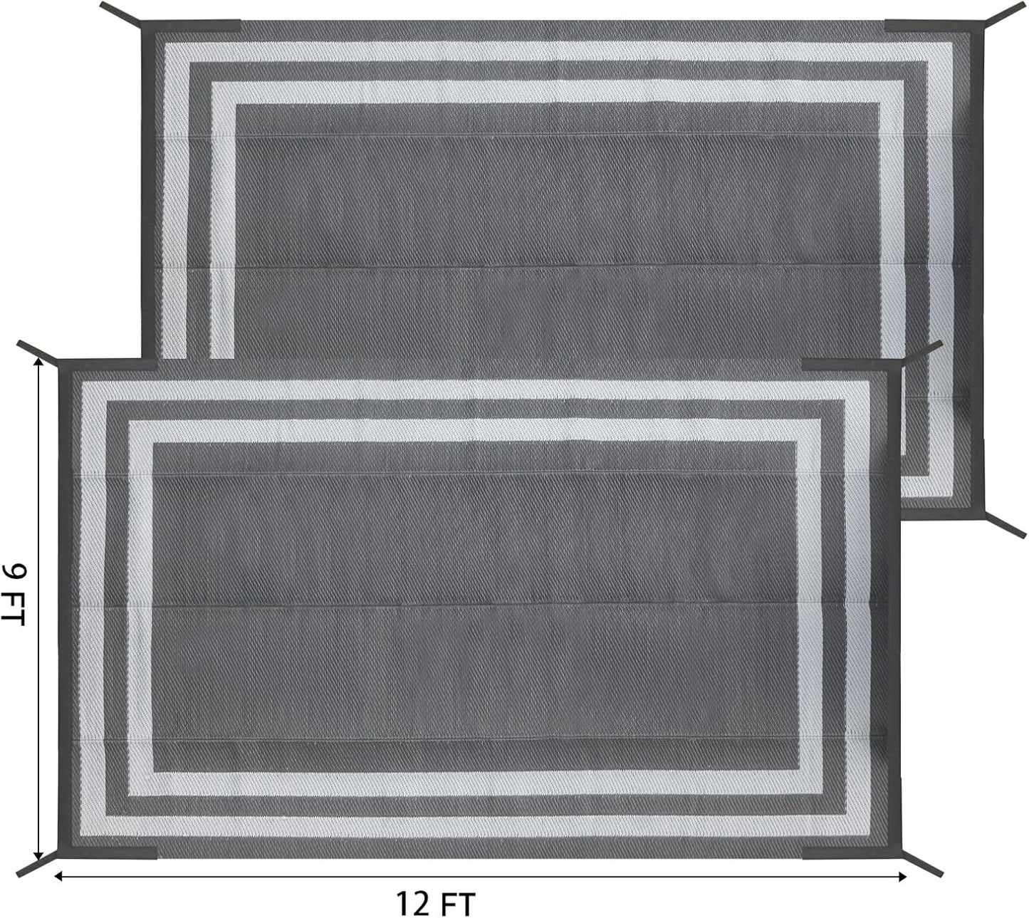 9'x 12' Outdoor Rug,Waterproof Reversible Patio Rugs,9x12 ft Plastic Straw Outdoor Carpet Foldable Plastic Camping Mat for Outside RV, Patio,Picnic,Camper,Balcony,Porch(Gray&White)