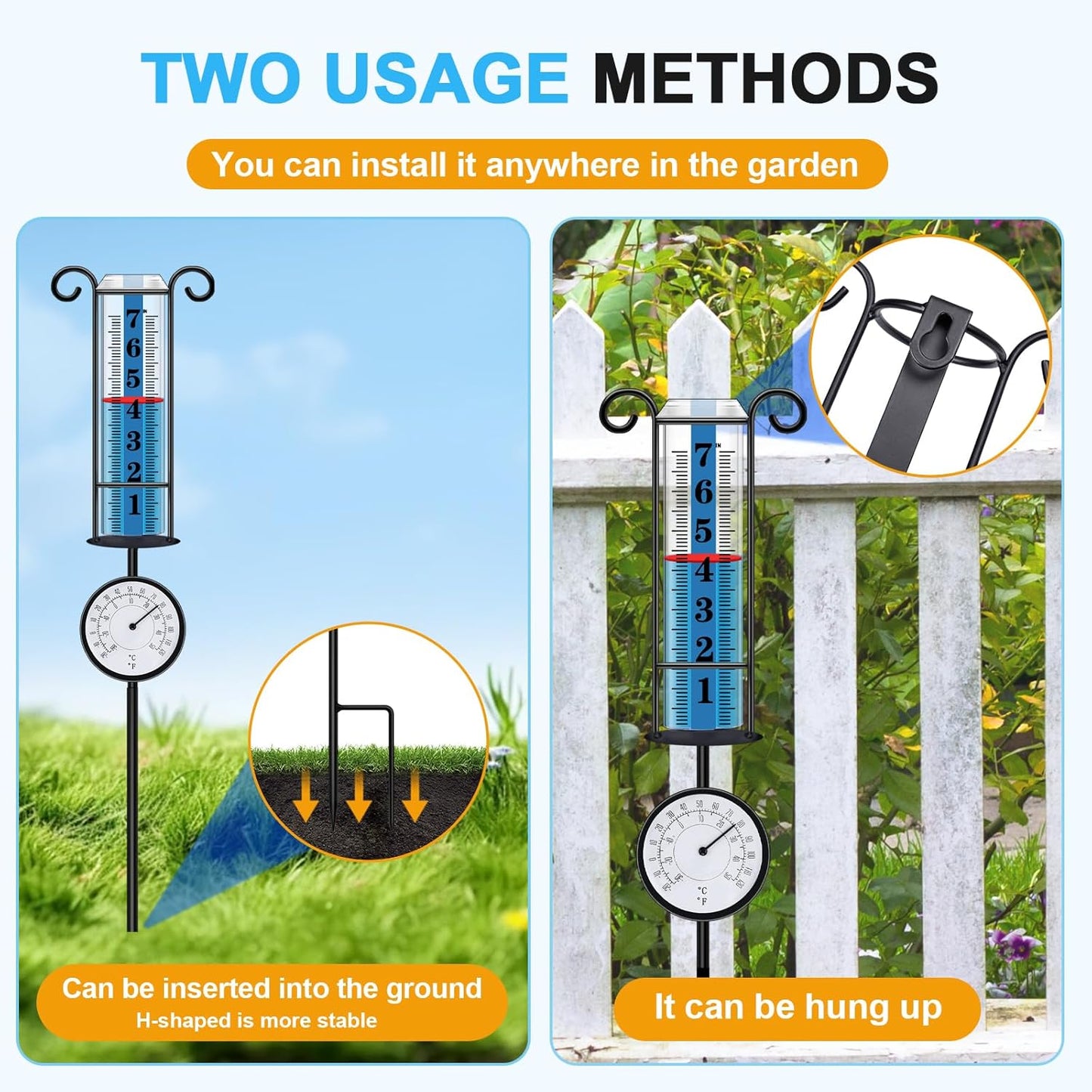 JMBay Rain Gauge Outdoor with Thermometer, Rain Gauges Outdoors Best Rated, Large Font Rain Measure Gauge for Yard, Rain Water Meter with Thickened Plastic Tube and Duralbe Metal Stake for Patio,Lawn