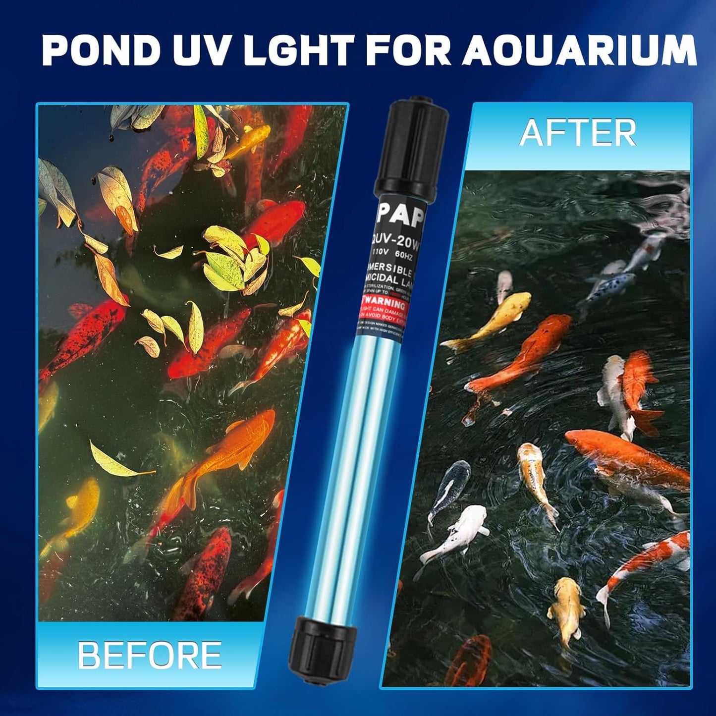 20W Pond UV Light for 100-1000 Gallon, Aquarium UV Water Clarifier for Koi Pond, Spas and Fish Tanks, Swimming Pools
