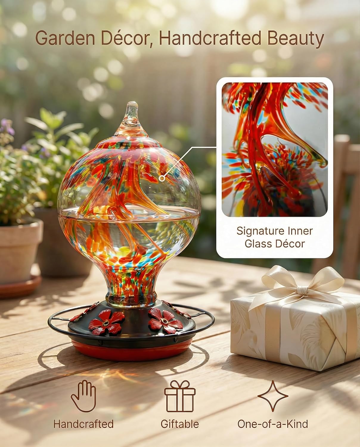 Hummingbird Feeder for Outdoors Hanging, 34 Oz, Hand Blown Gift Inner Glass Décor for Garden, Ant Moat & Bee-Resistant Ports, Decoration Stained Humming Bird Feeders, Sunset Red