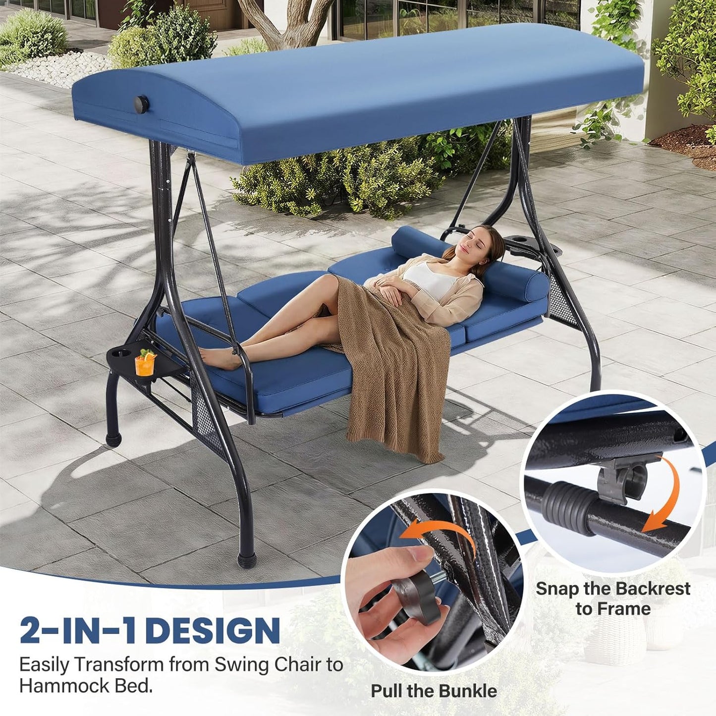 3 Seat Outdoor Porch Swing with Adjustable Canopy,2 in 1 Patio Swing Bed with Stand 800lbs for Adults,Outdoor Swing with Removable Cushion, Cup Holder ＆ Pillow for Backyard, Porch, Garden