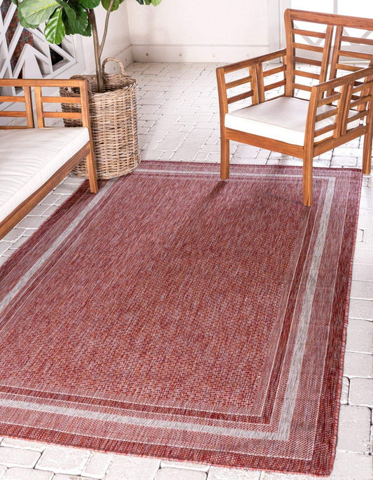 Unique Loom Outdoor Border Collection Area Rug - Soft Border (9'x 12' Rectangle, Rust Red/ Ivory)