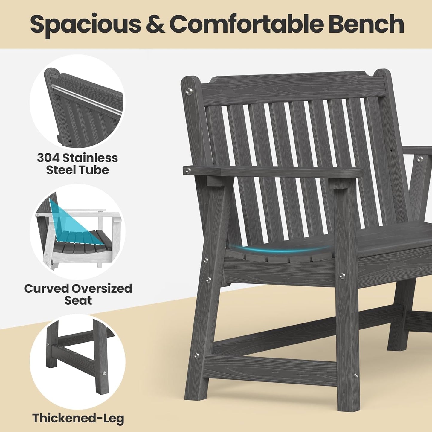 Ciokea 46" Heavy Duty Outdoor Bench Set of 2, HDPE Weatherproof Garden Bench, 2-Person Memorial Benches with 660 Lbs, Waterproof Patio Porch Benches for Outside Business Office Backyard, Dark Grey