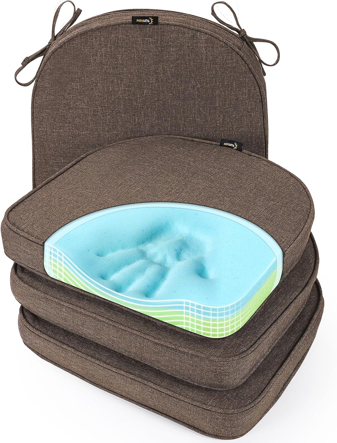 SUNROX Gel Memory Foam Chair Cushions, FadeShield Water-, Stain-Resistant Durable Reversible Seat Cushion Pads with Ties for Indoor/Outdoor Kitchen Dining Office, 19"x19", Set of 4, Heather Chestnut