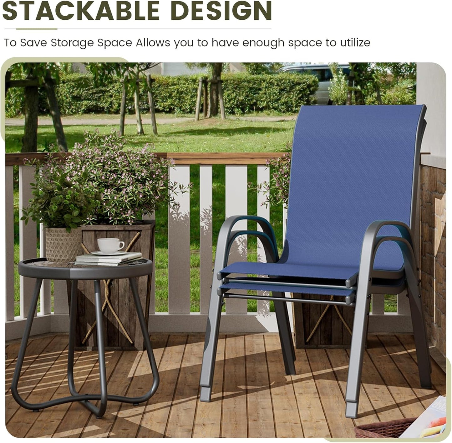 UDPATIO Patio Dining Set of 3, Outdoor Table and Chairs Set with Glass Table, 2 Stackable Patio Chairs with High Back, Outdoor Furniture Sets for Deck Garden Backyard Lawn Poolside (Blue)