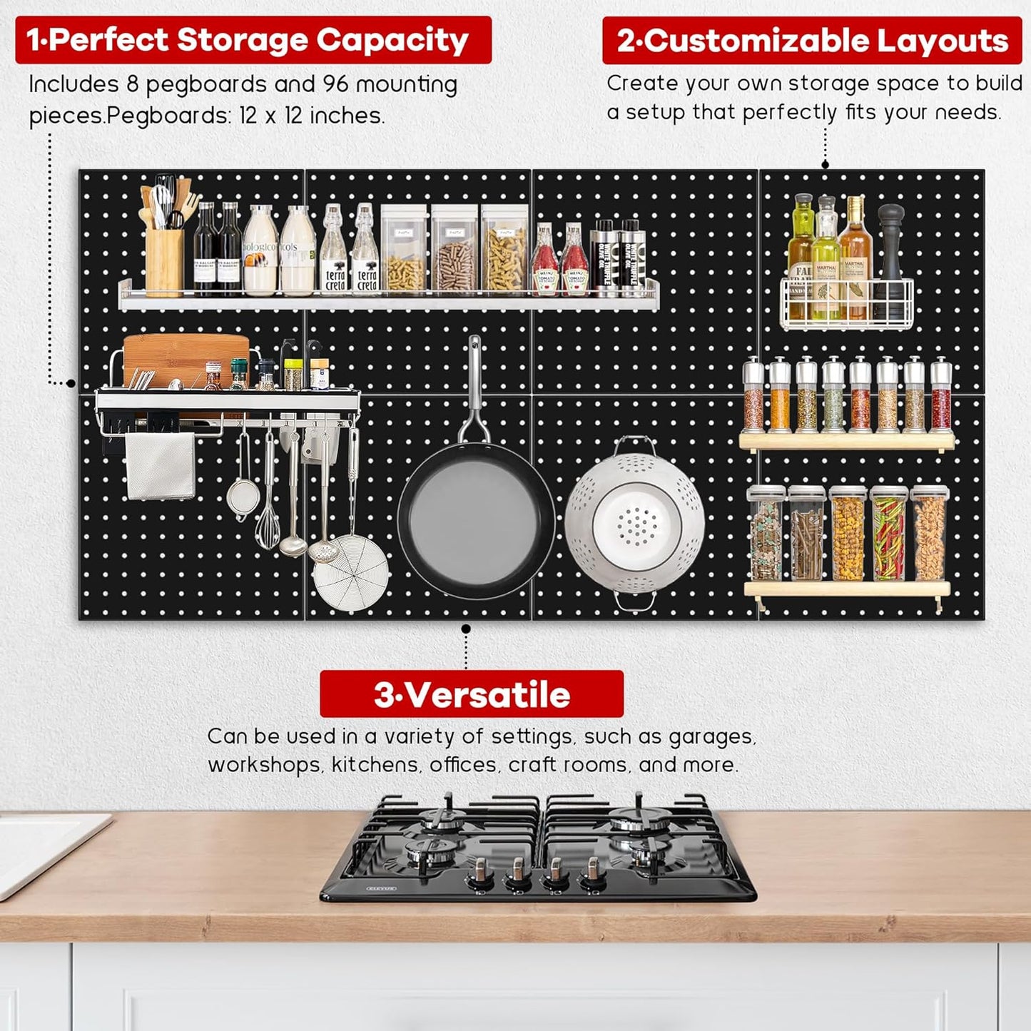 Pegboard Panels 8 Packs Metal Black, Heavy Duty Steel Peg Boards Wall Tool Organizer with Screw for Garage, Tool Storage, Office Organization, Craft Room, Kitchen