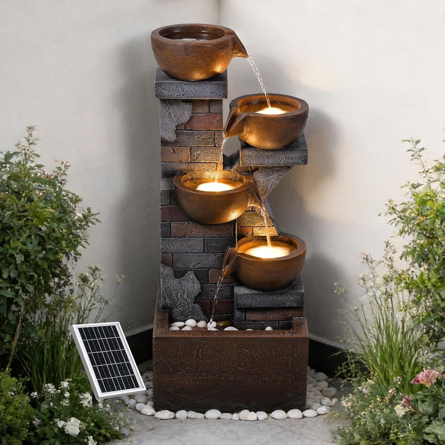 33.5" Tall Solar Water Fountain Outdoor Garden, 4-Tiered Cascading Bowl Fountains with Lights, Solar Powered Waterfall for Garden, Patio, Backyard, Deck, Porch, Indoor Decor