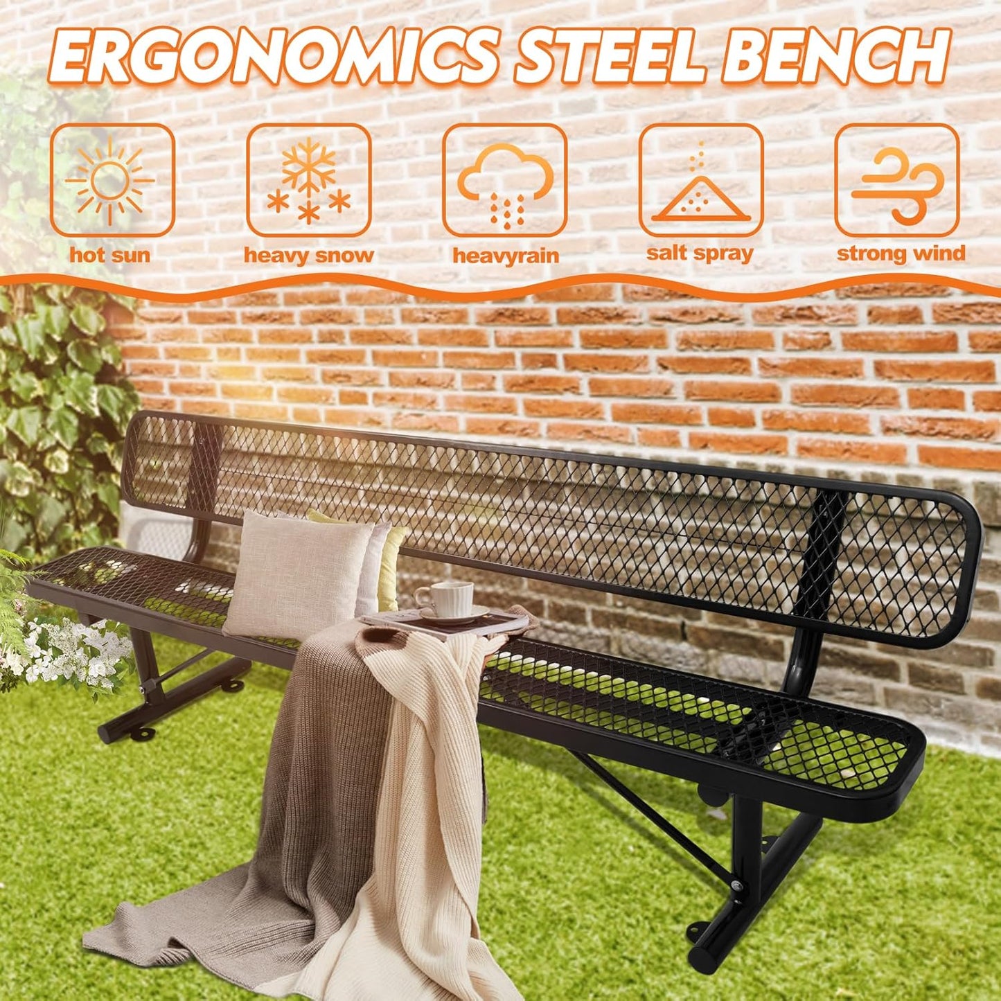 Thermoplastic Coated Iron Park Bench for Outside, Heavy Duty Metal Garden Bench, Expanded Commercial Grade Seating for Shopping Malls, Lawn Yard Porch Entryway (Black with Backrest, 96IN)