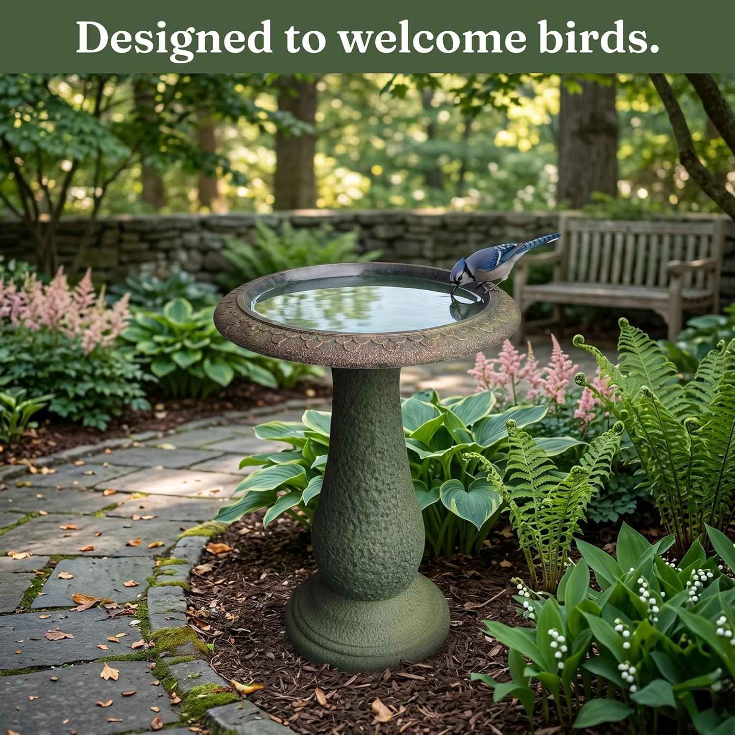 Pedestal Birdbath with Solar Fountain, Resin Stone Composite Outdoor Garden Decor, Standing Bird Bath for Outside Patio Yard, 23-Inch Tall, Garden Fountain, Resin Bird Baths, Hummingbird Bowl